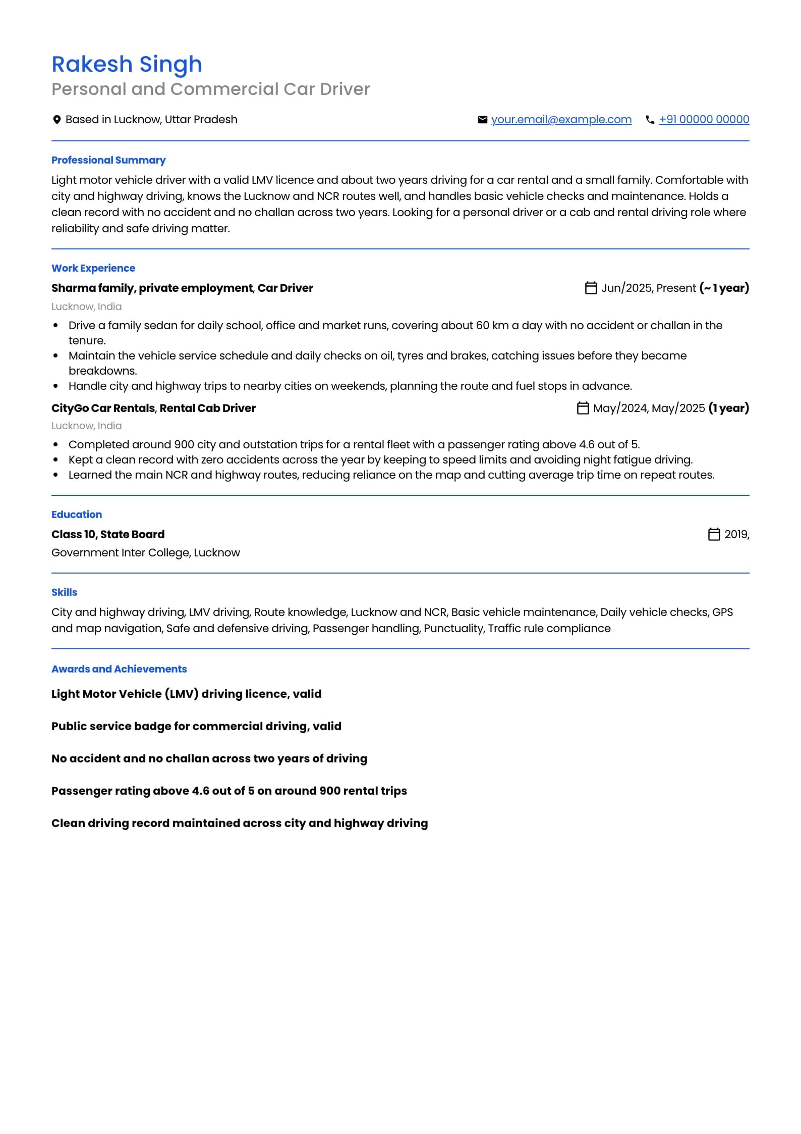 Driver resume example for New Driver (1 to 2 years), minimalist template, showing professional summary, work experience, skills, education and certifications