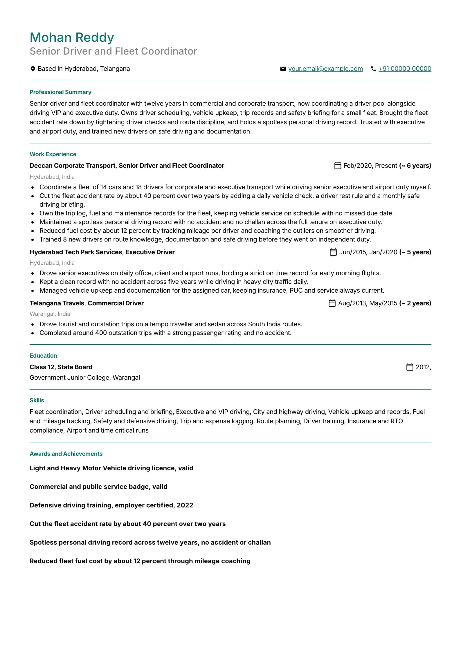Driver resume example for Fleet Supervisor Driver (12 years), professional template, showing professional summary, work experience, skills, education and certifications