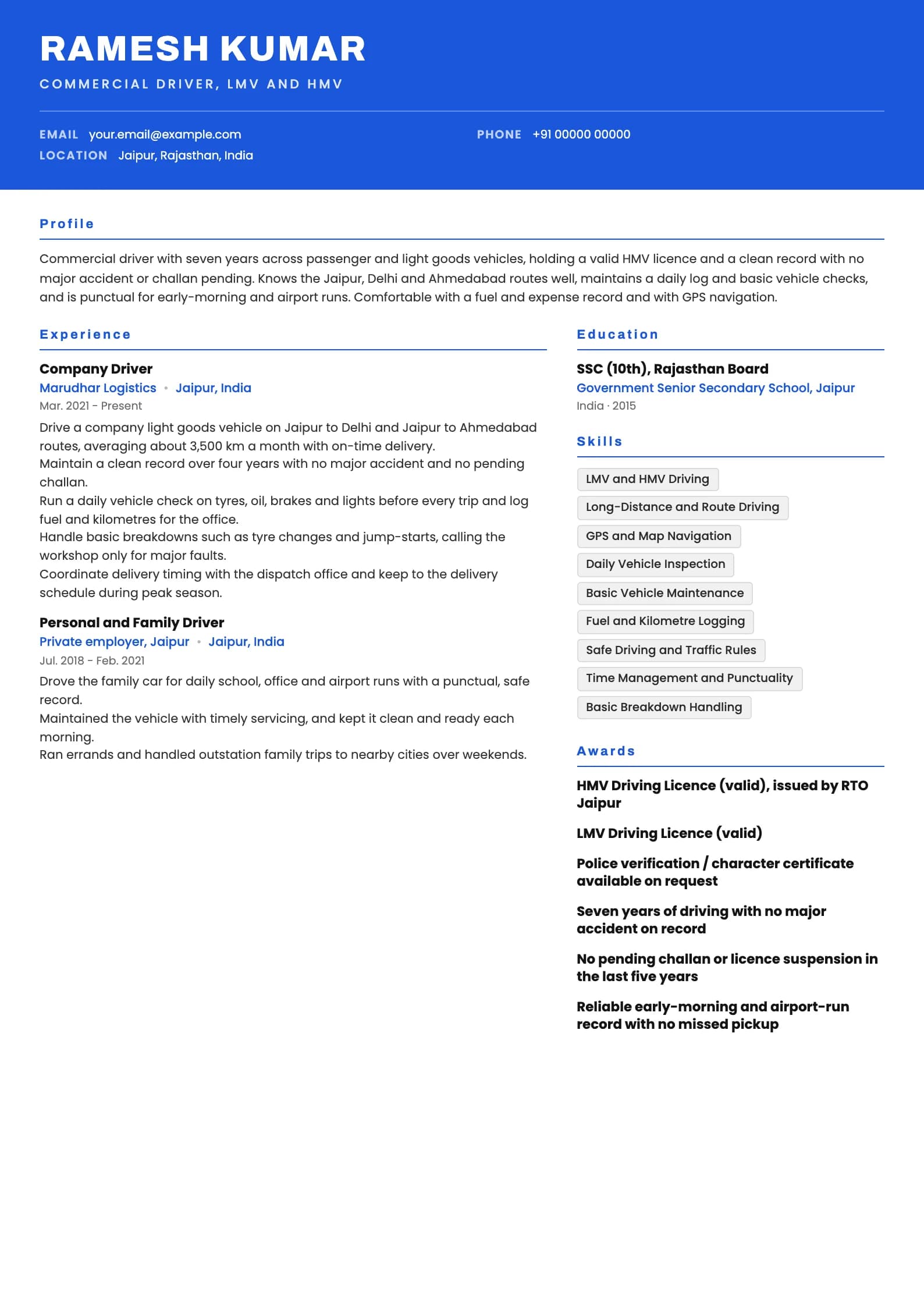 Driver resume example for Commercial driver (7 years), header-band template, showing professional summary, work experience, skills, education and certifications