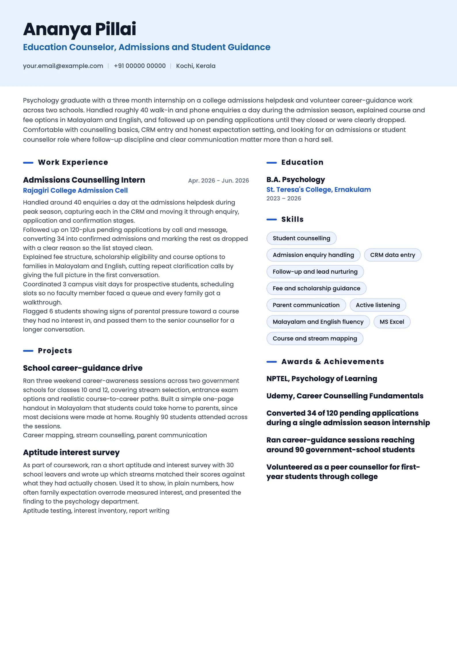 Education Counselor resume example for Fresher (0 years), ai-era template, showing professional summary, work experience, projects, skills, education and certifications