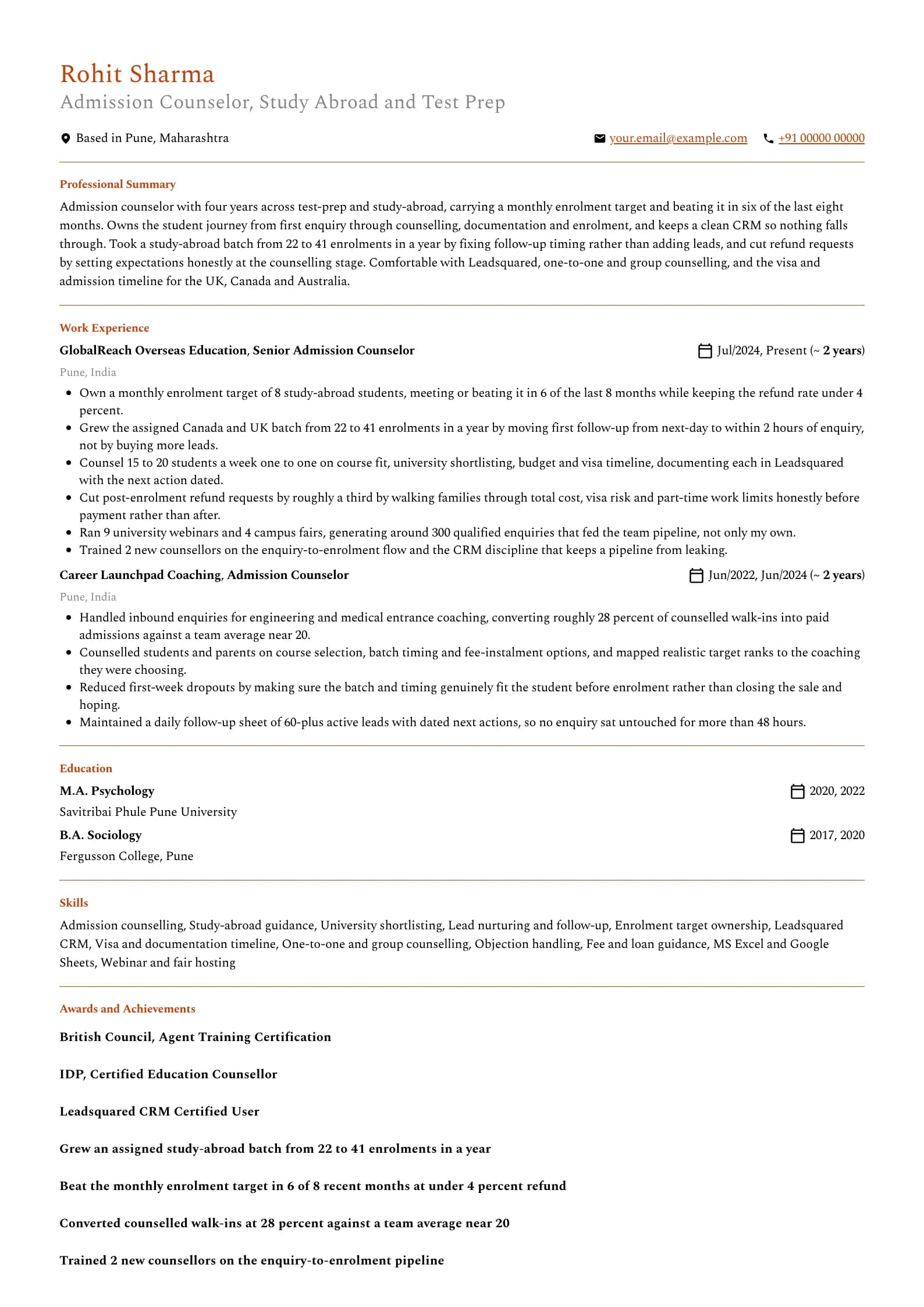 Education Counselor resume example for Mid-level (4 years), professional template, showing professional summary, work experience, skills, education and certifications