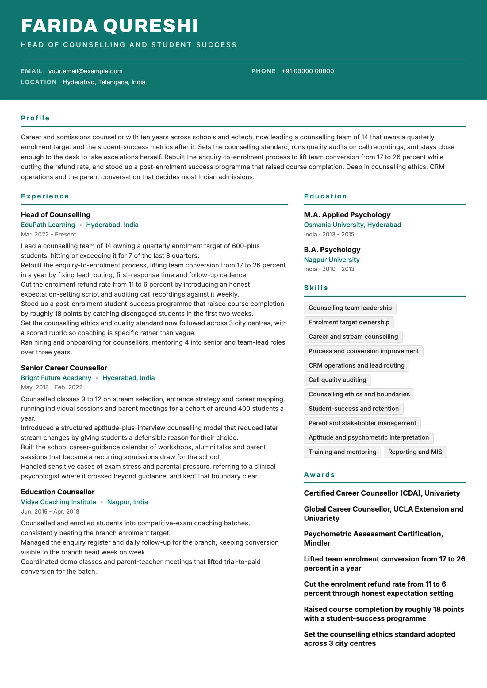 Education Counselor resume example for Senior (10 years), header-band template, showing professional summary, work experience, skills, education and certifications