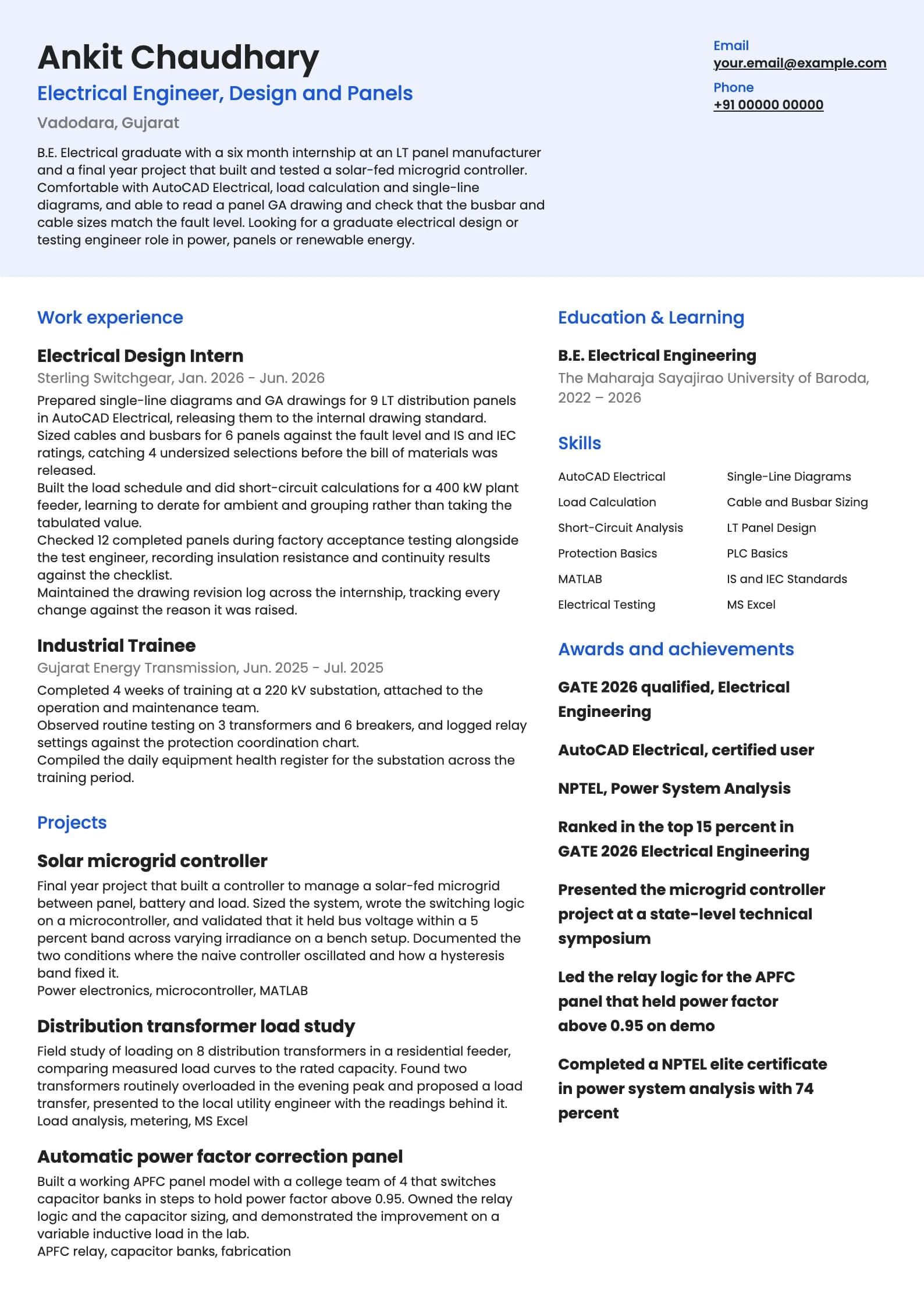 Electrical Engineer resume example for Fresher (0 years), modern template, showing professional summary, work experience, projects, skills, education and certifications