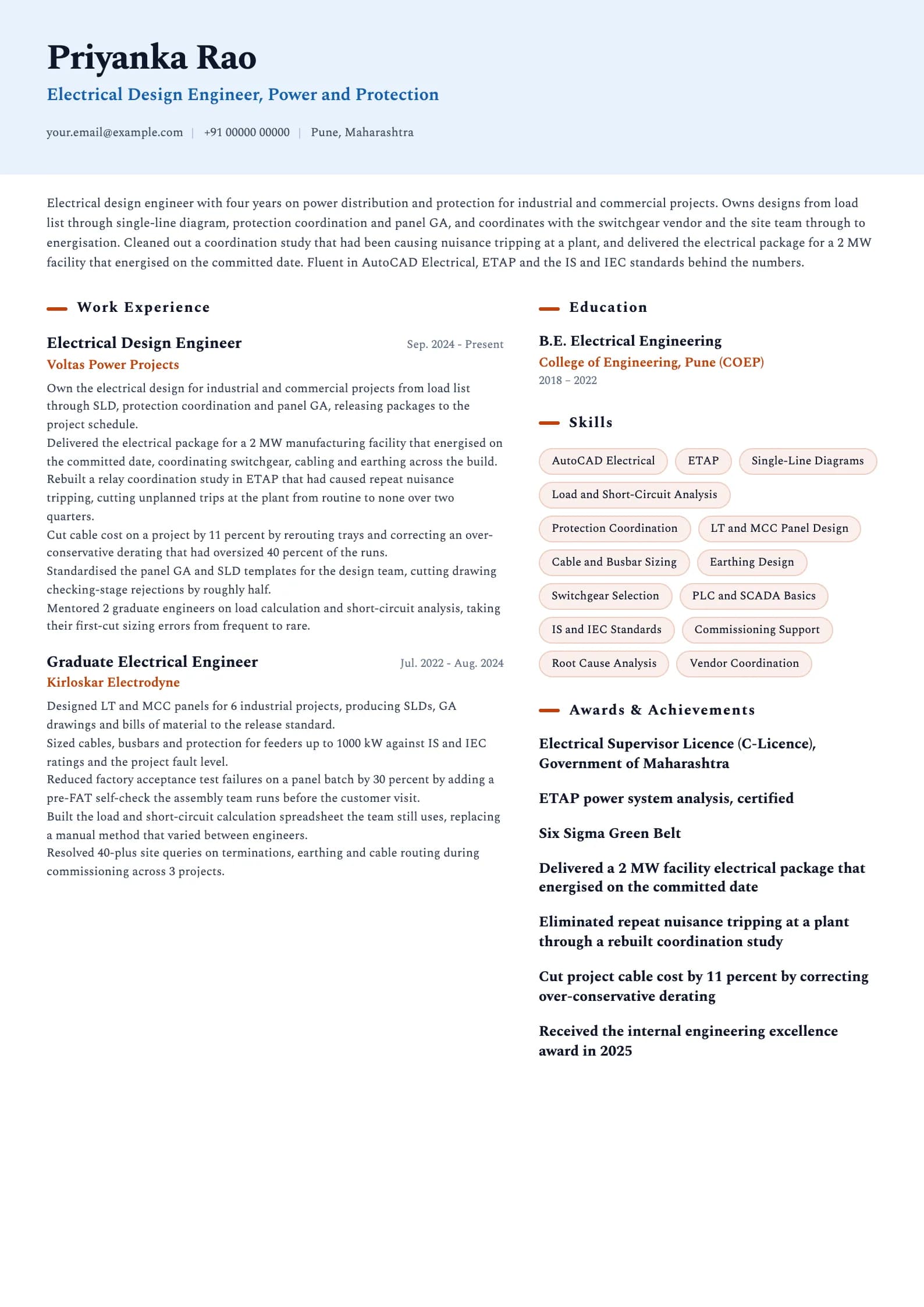 Electrical Engineer resume example for Mid-level (4 years), ai-era template, showing professional summary, work experience, skills, education and certifications