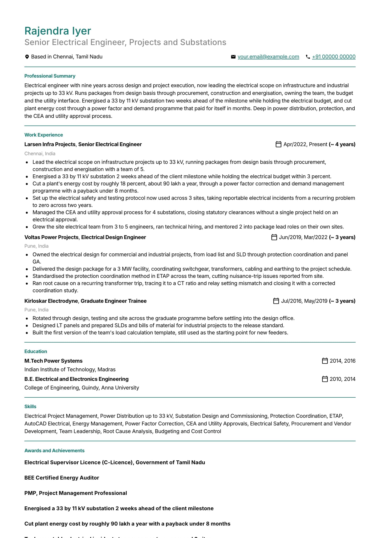 Electrical Engineer resume example for Senior (9 years), professional template, showing professional summary, work experience, skills, education and certifications