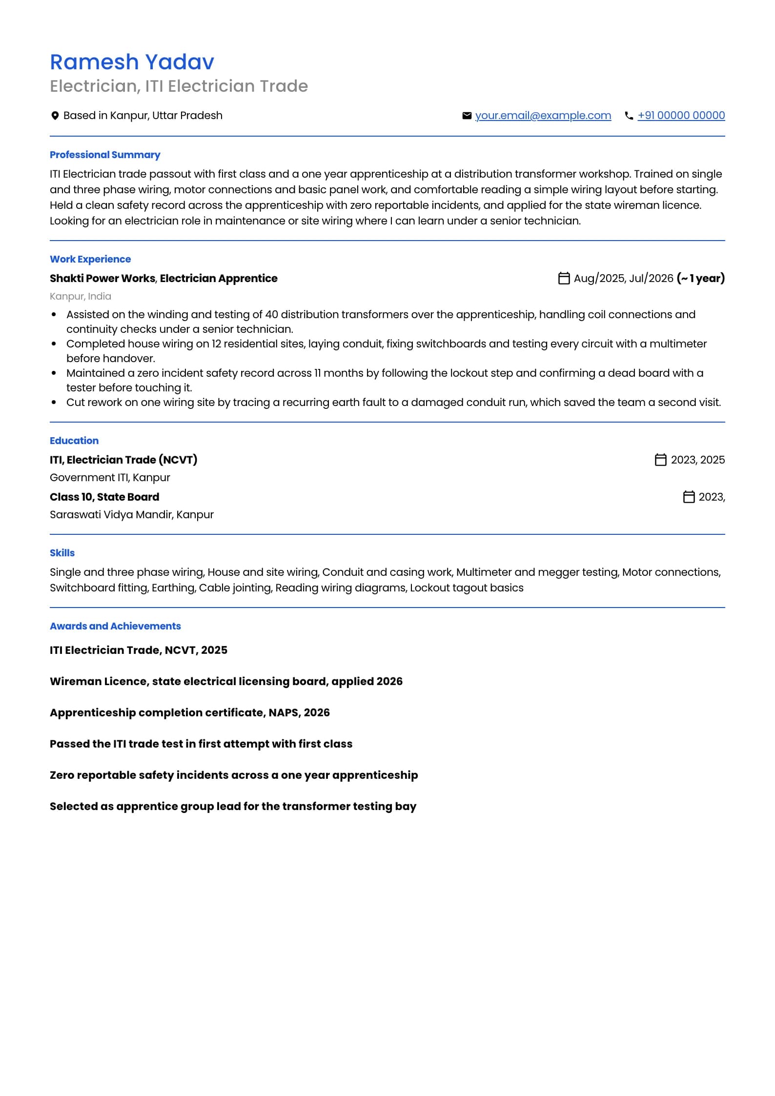 Electrician resume example for ITI Passout (0 to 1 year), minimalist template, showing professional summary, work experience, skills, education and certifications