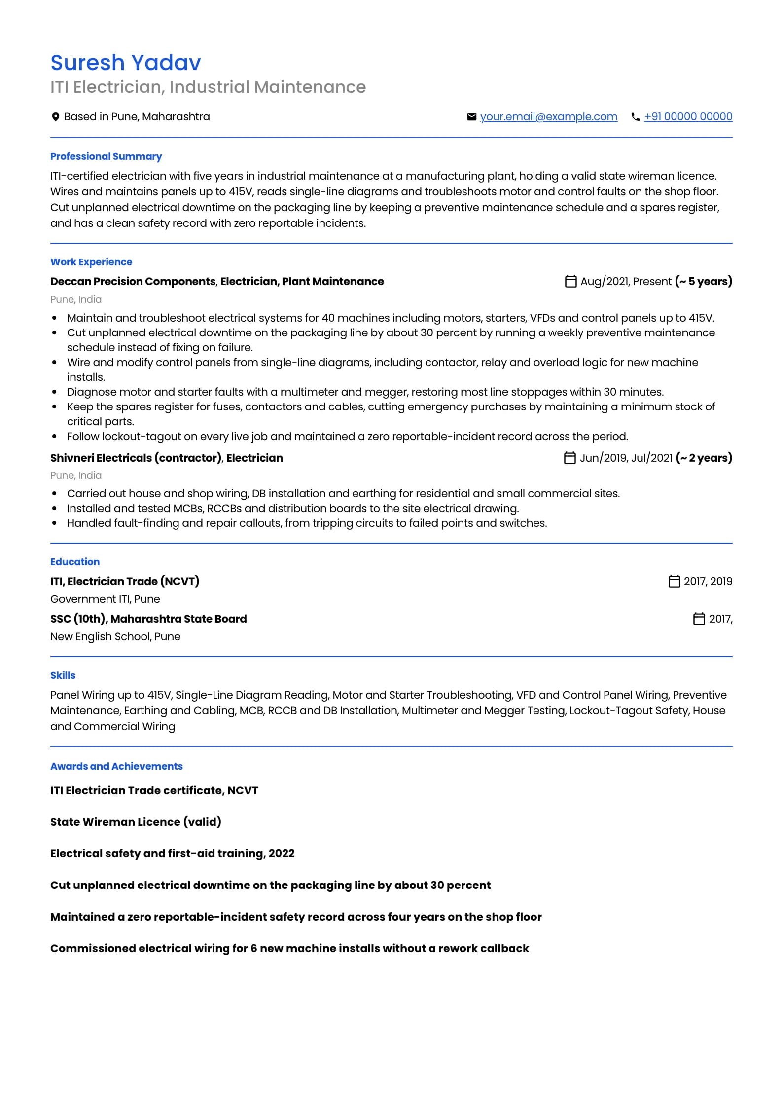 Electrician resume example for Skills-forward (5 years), professional template, showing professional summary, work experience, skills, education and certifications