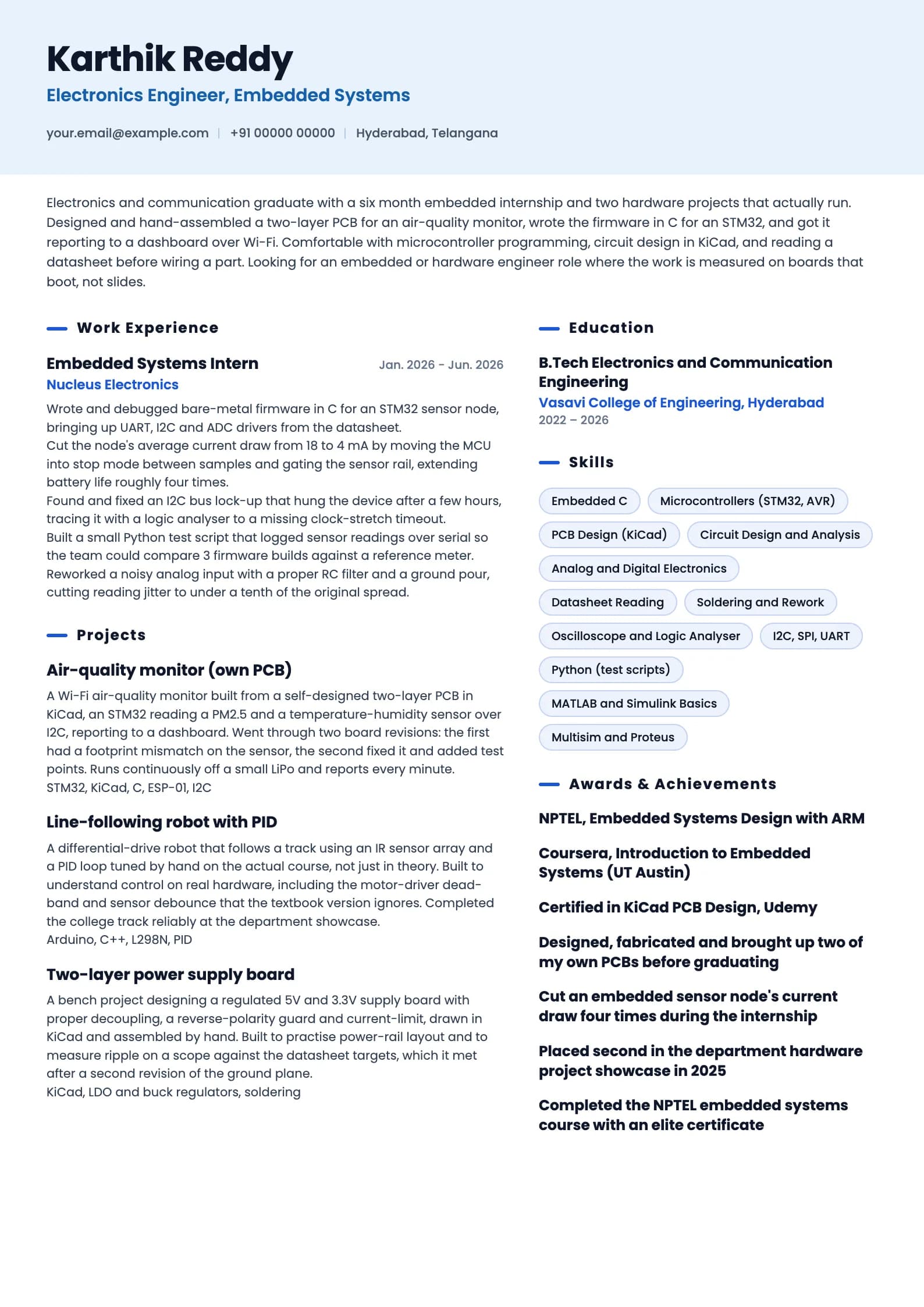 Electronics Engineer resume example for Fresher (0 years), ai-era template, showing professional summary, work experience, projects, skills, education and certifications