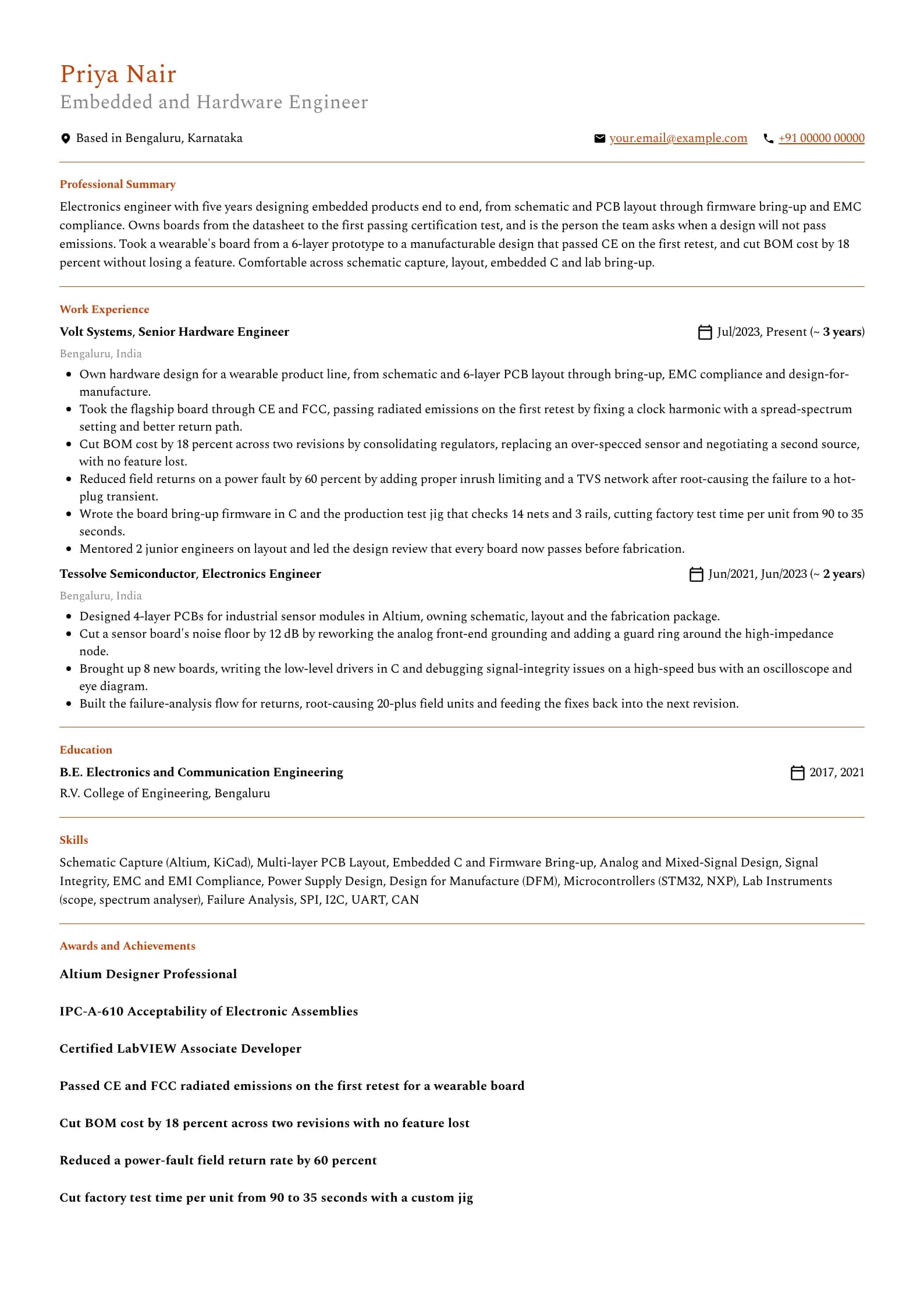 Electronics Engineer resume example for Mid-level (5 years), professional template, showing professional summary, work experience, skills, education and certifications