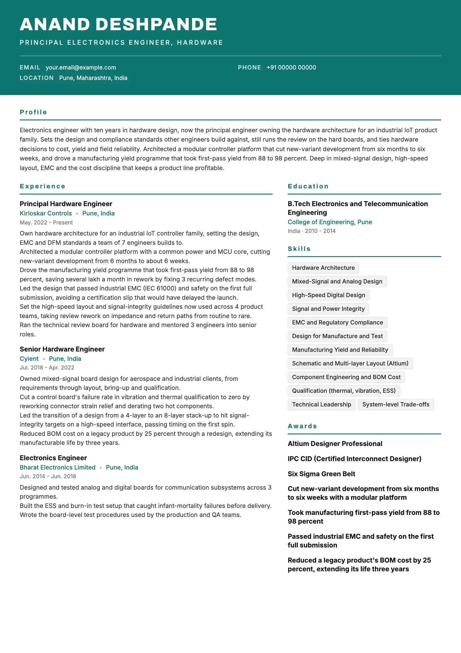 Electronics Engineer resume example for Senior (10 years), header-band template, showing professional summary, work experience, skills, education and certifications