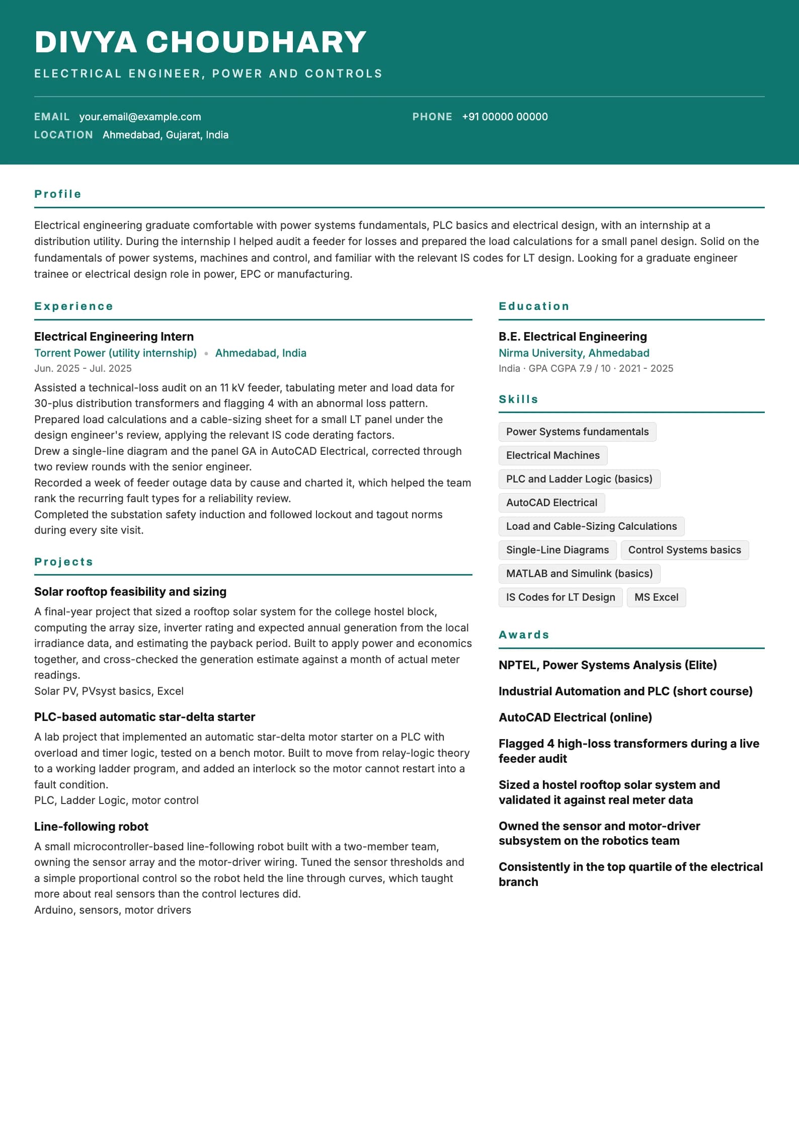 Engineering Fresher resume example for Electrical fresher, core and power (0 years), header-band template, showing professional summary, work experience, projects, skills, education and certifications