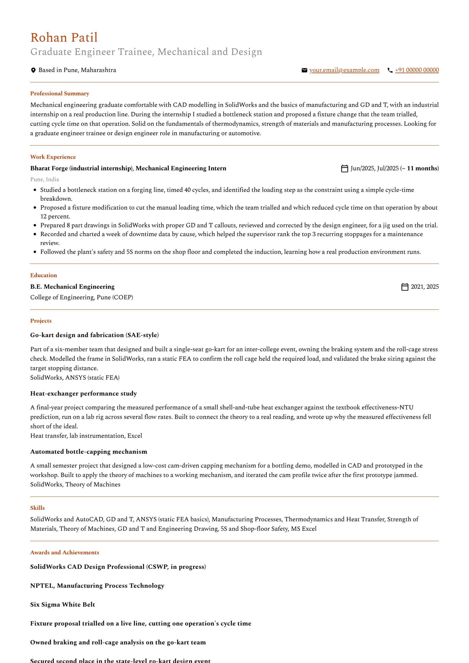 Engineering Fresher resume example for Mechanical fresher, GET track (0 years), professional template, showing professional summary, work experience, projects, skills, education and certifications