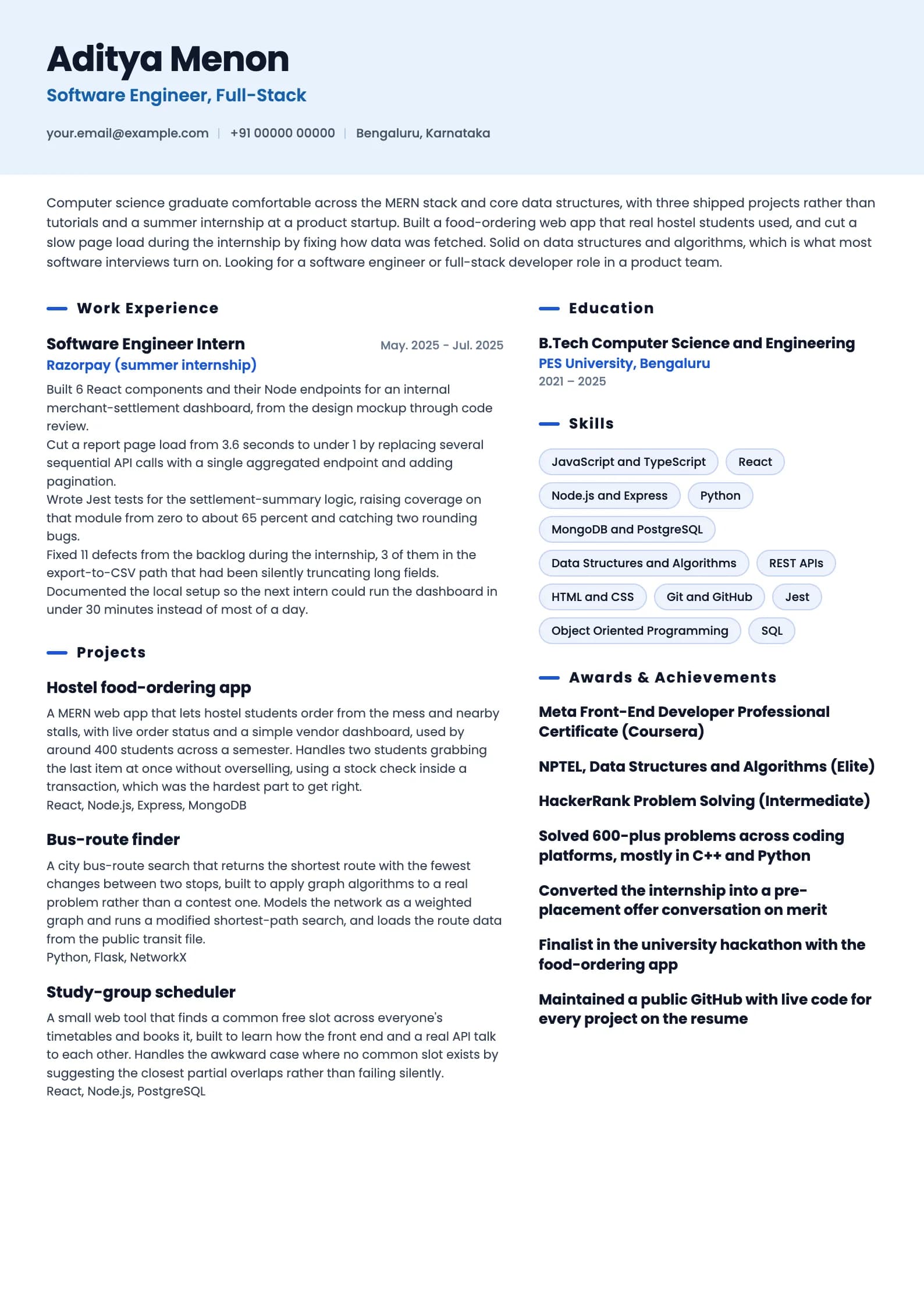 Engineering Fresher resume example for CSE fresher, software track (0 years), ai-era template, showing professional summary, work experience, projects, skills, education and certifications