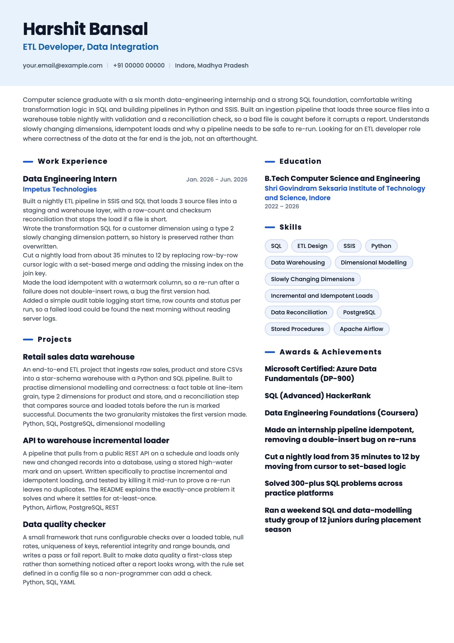 ETL Developer resume example for Fresher (0 to 1 years), ai-era template, showing professional summary, work experience, projects, skills, education and certifications