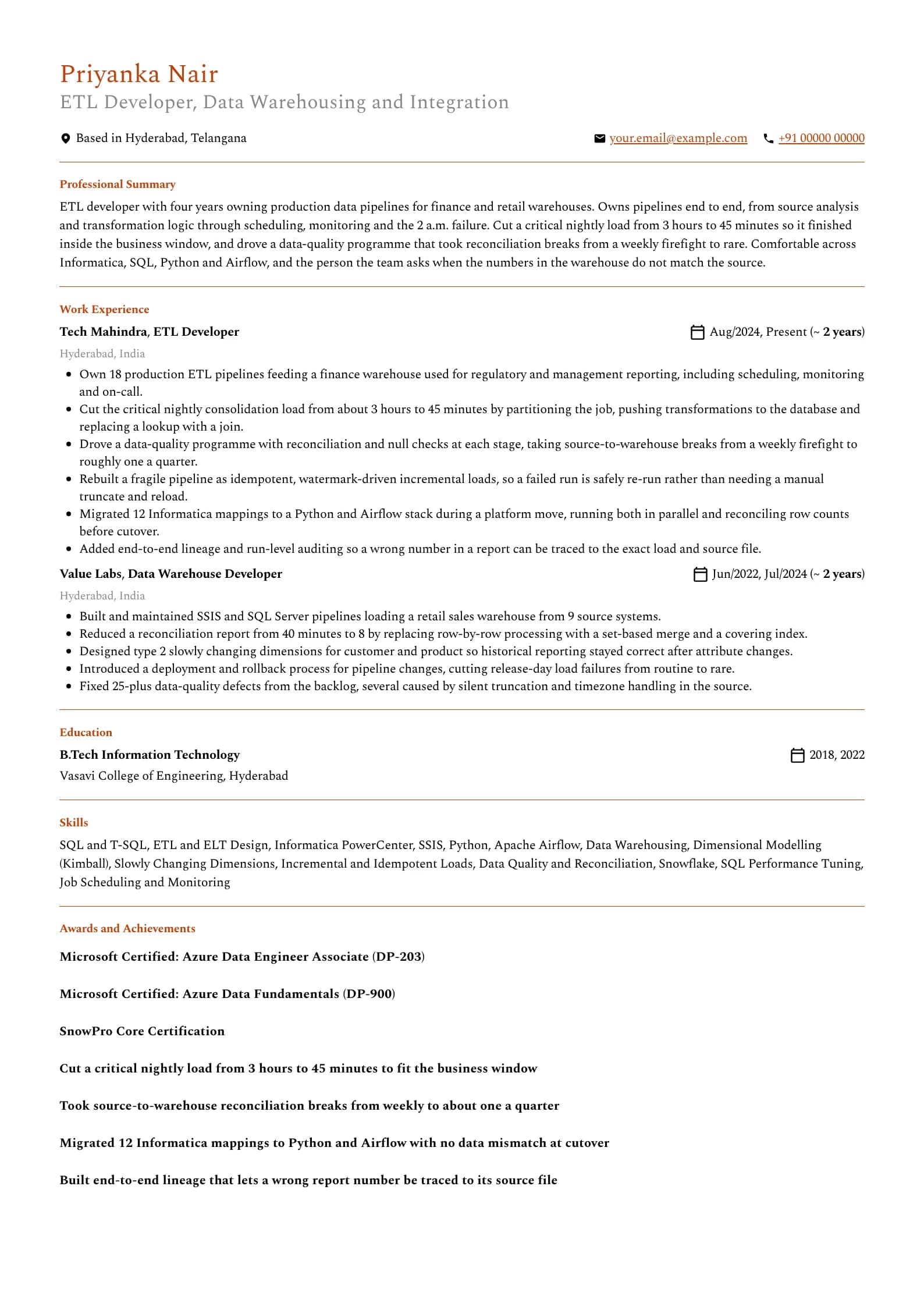 ETL Developer resume example for Mid-level (4 years), professional template, showing professional summary, work experience, skills, education and certifications