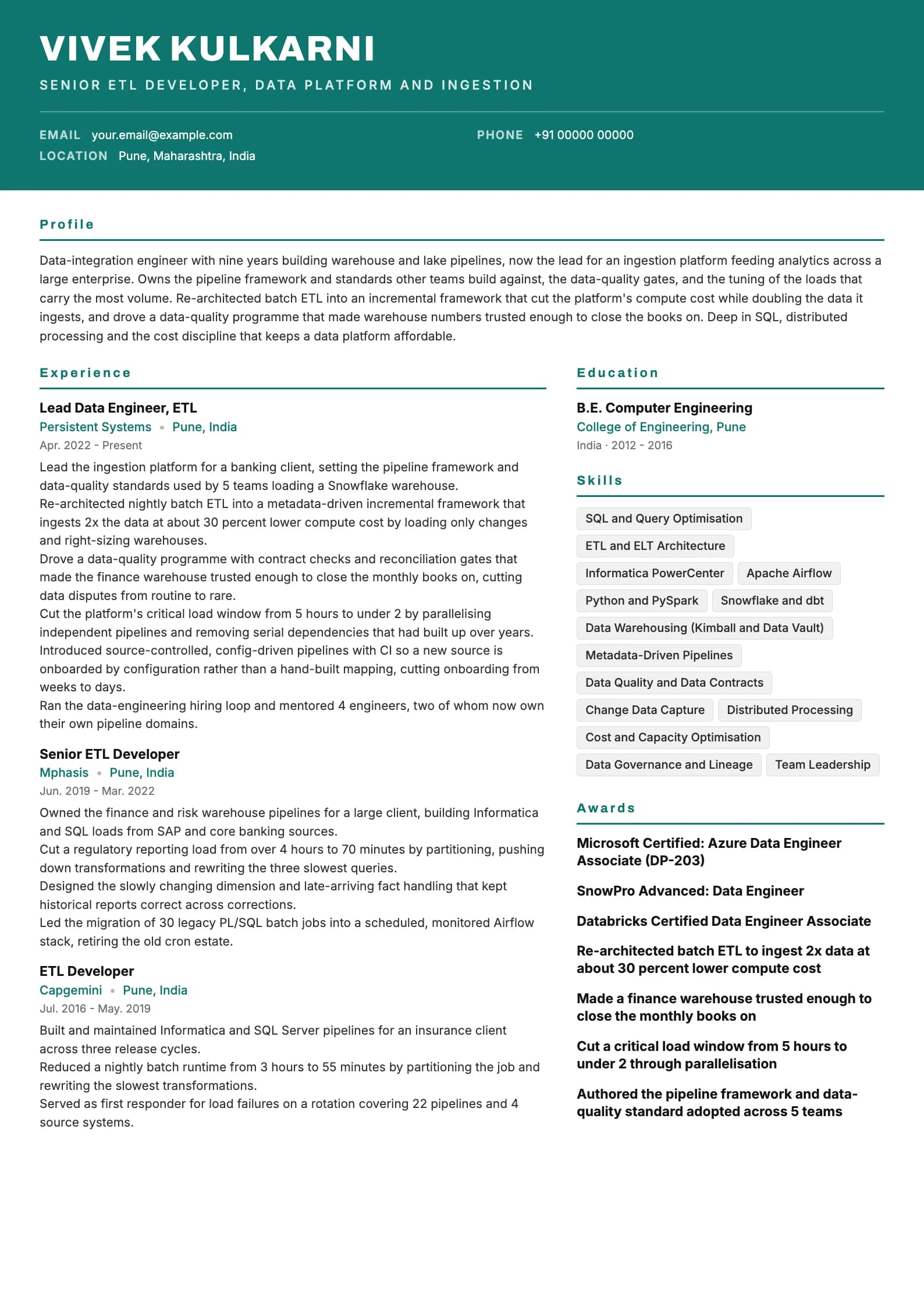 ETL Developer resume example for Senior (9 years), header-band template, showing professional summary, work experience, skills, education and certifications