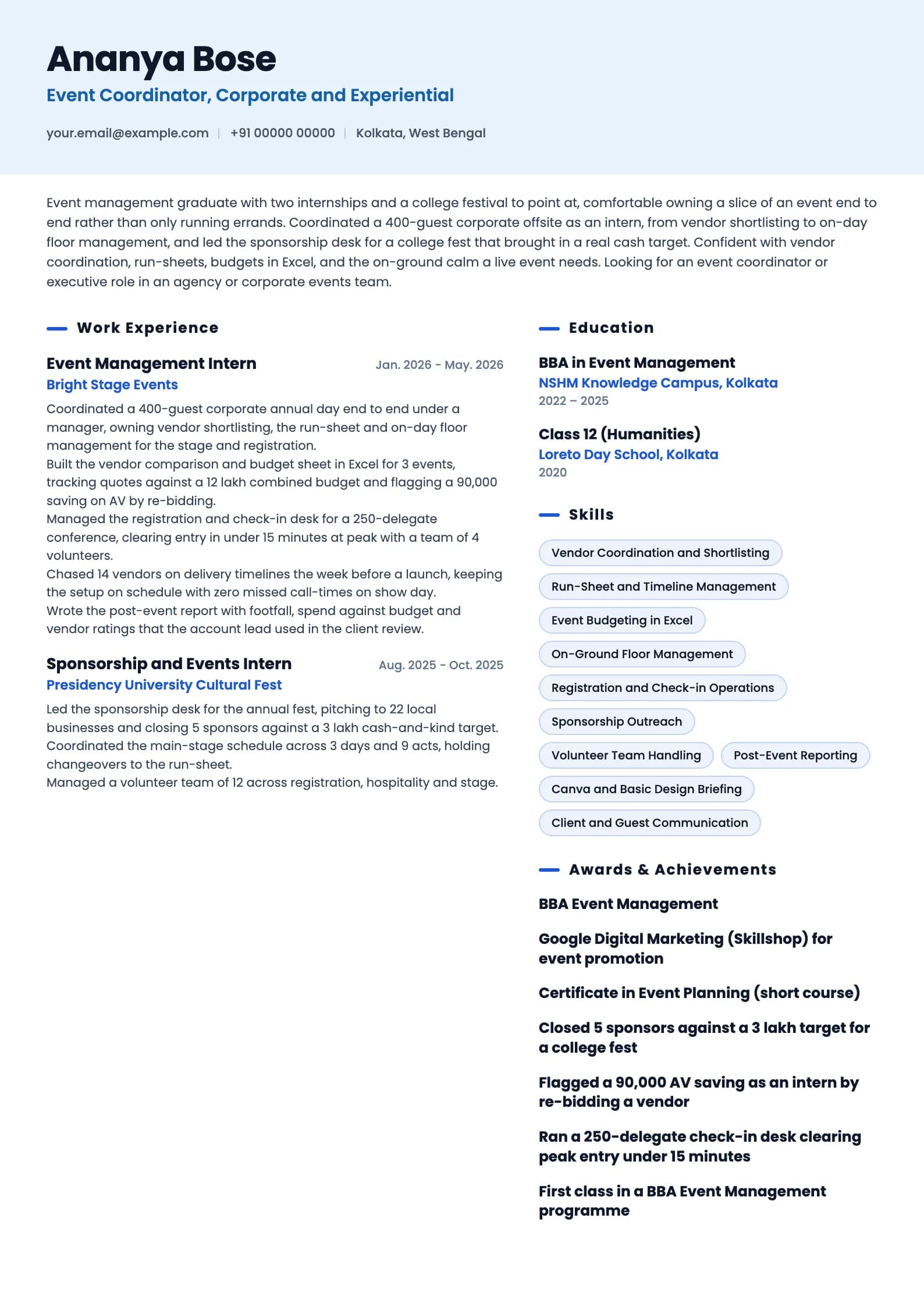 Event Manager resume example for Fresher (0 years), ai-era template, showing professional summary, work experience, skills, education and certifications