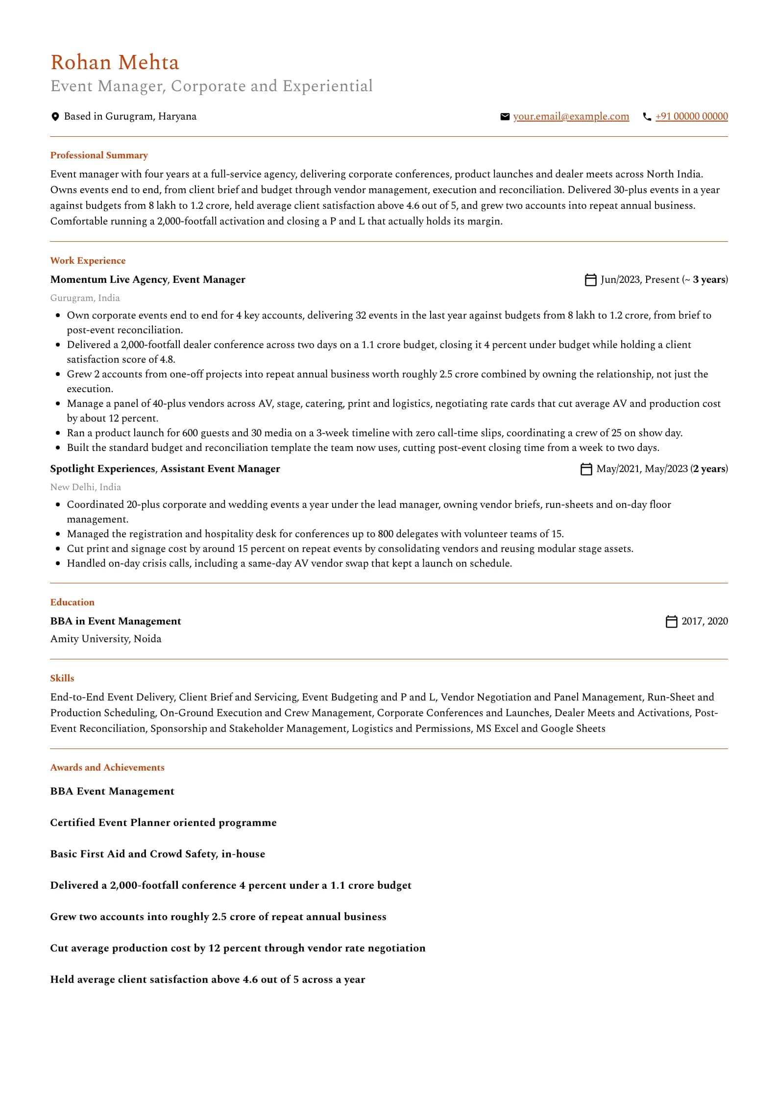 Event Manager resume example for Event Manager (4 years), professional template, showing professional summary, work experience, skills, education and certifications