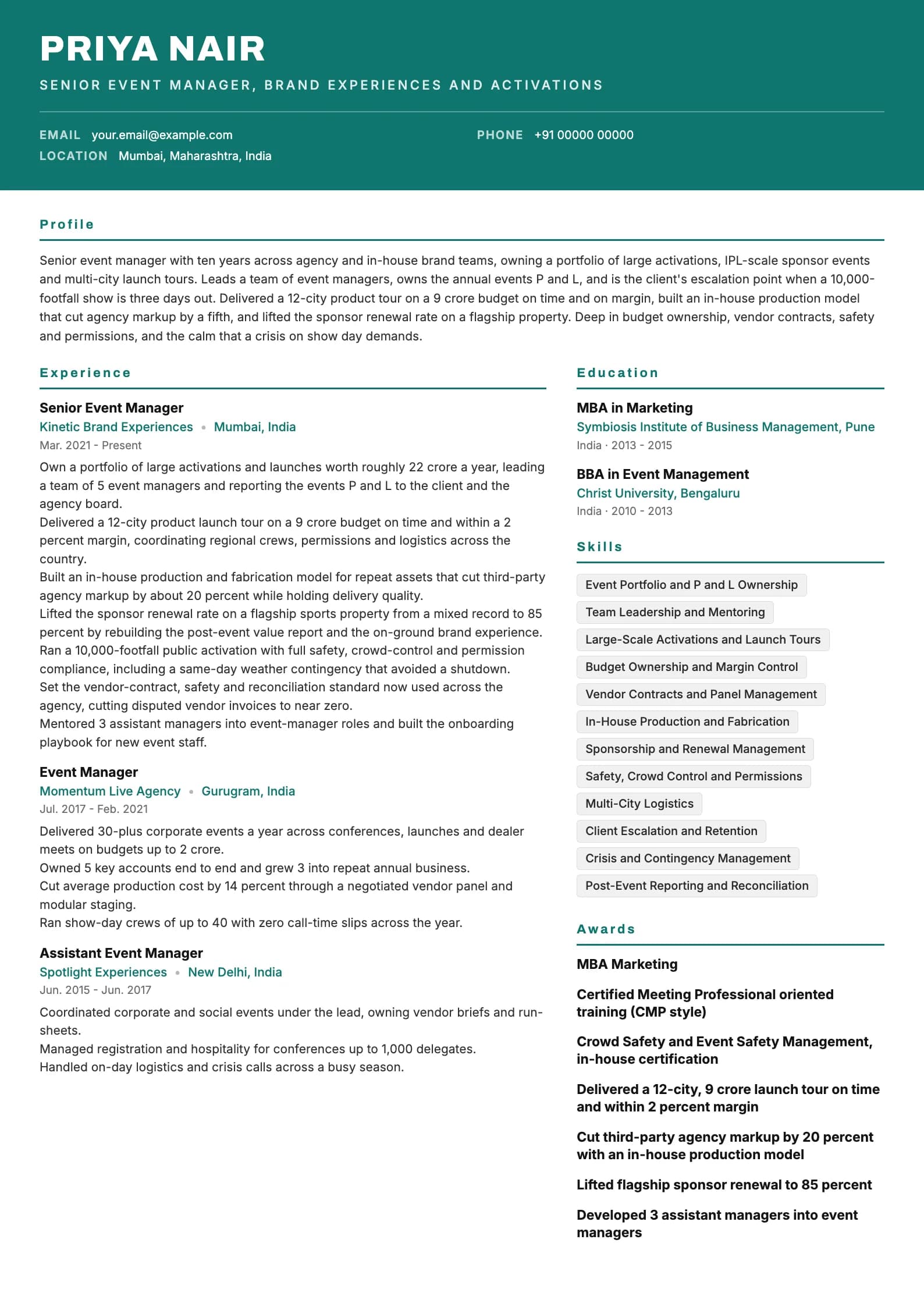 Event Manager resume example for Senior Event Manager (10 years), header-band template, showing professional summary, work experience, skills, education and certifications