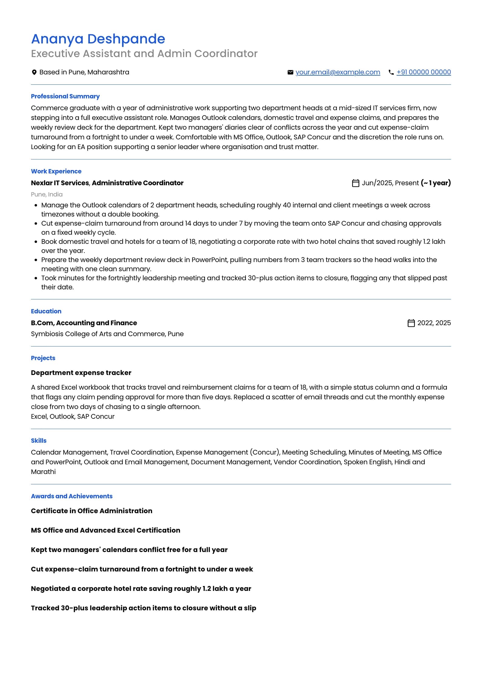 Executive Assistant resume example for Junior EA (1 year), minimalist template, showing professional summary, work experience, projects, skills, education and certifications