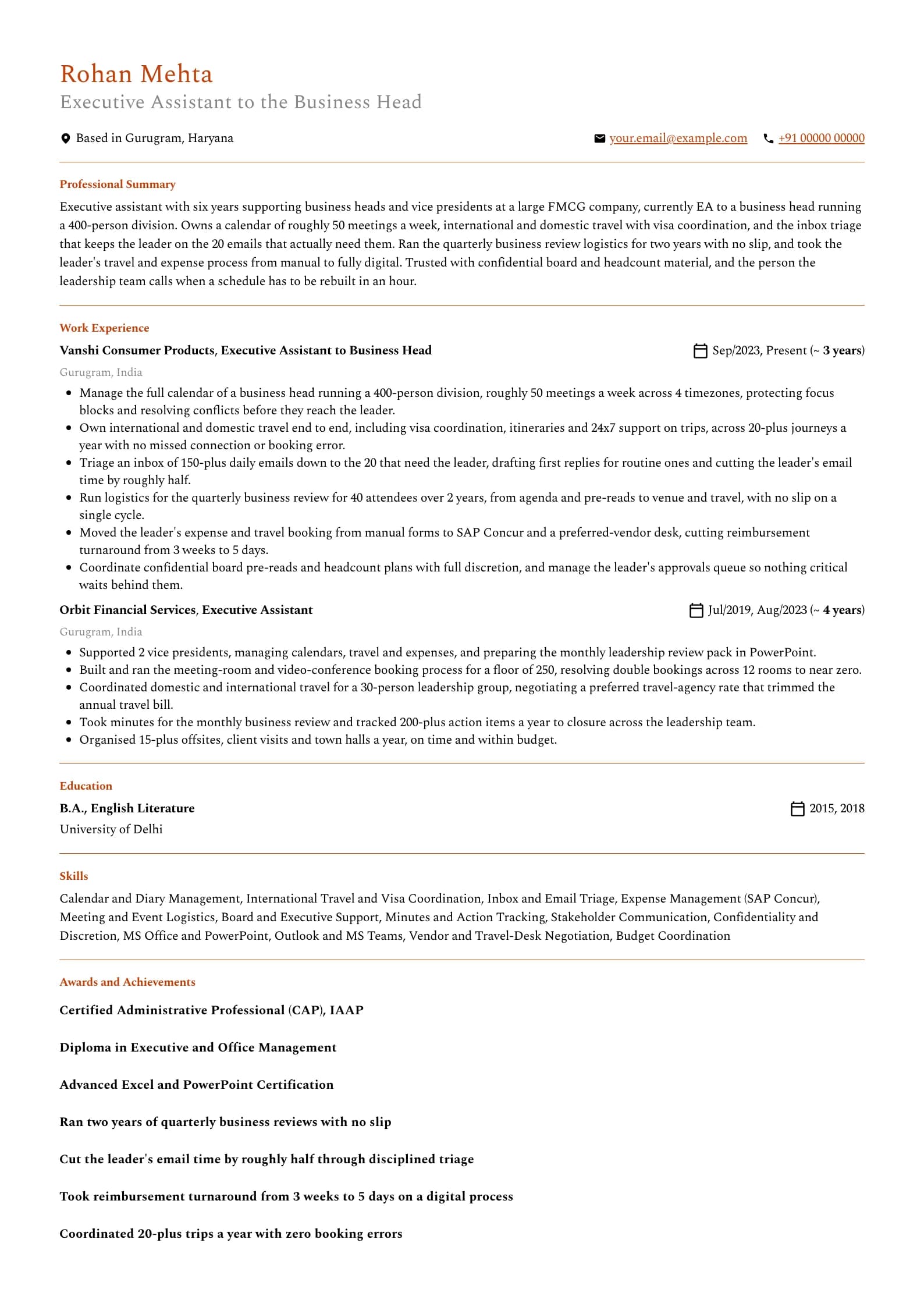 Executive Assistant resume example for Mid-level EA (6 years), professional template, showing professional summary, work experience, skills, education and certifications