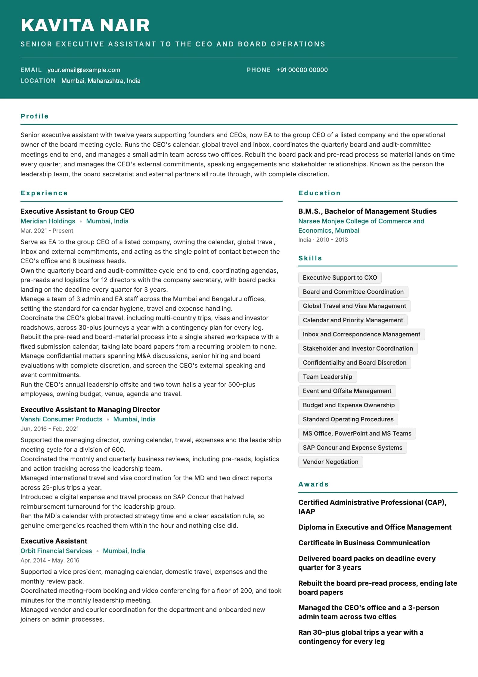 Executive Assistant resume example for Senior EA (12 years), header-band template, showing professional summary, work experience, skills, education and certifications