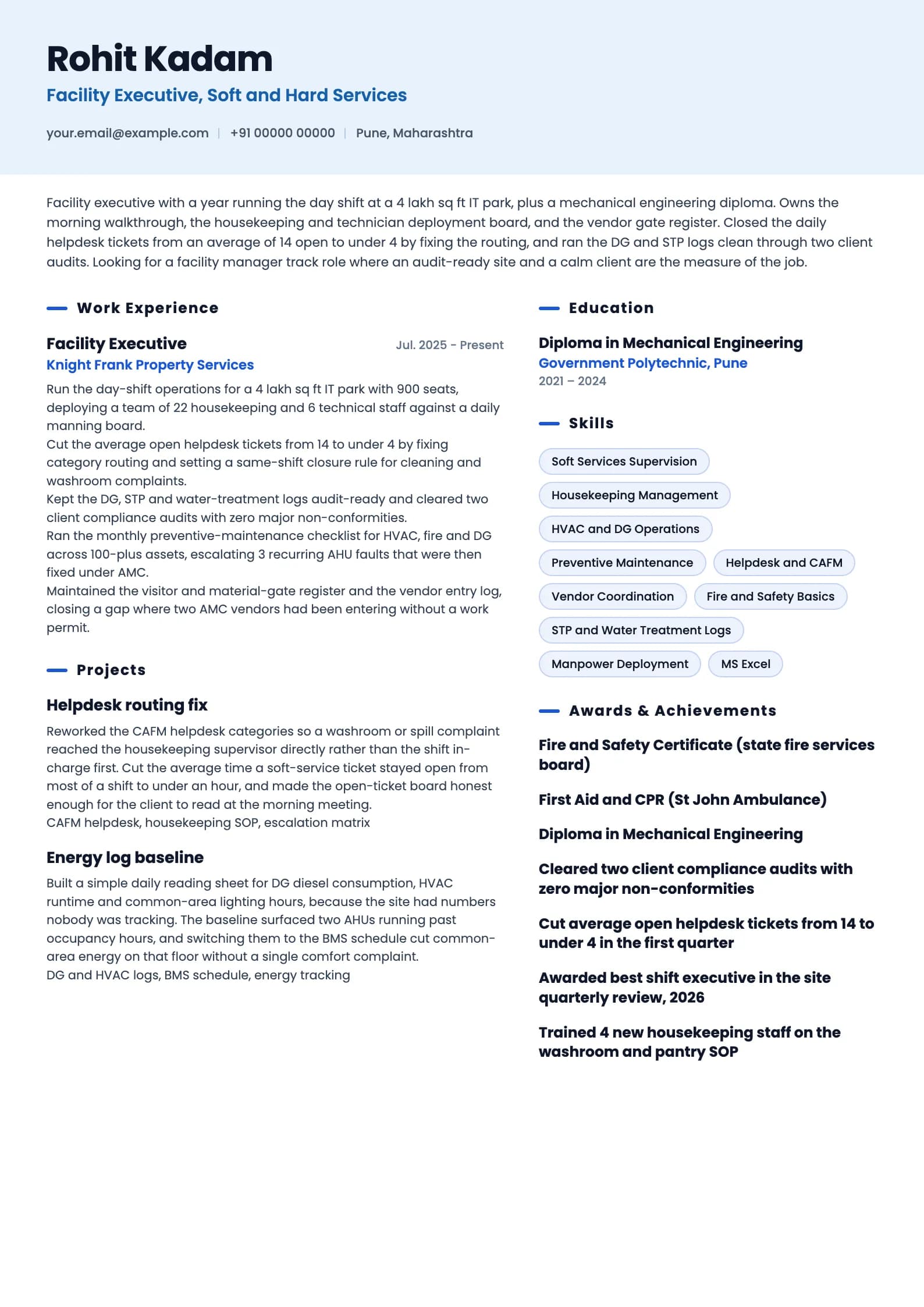 Facility Manager resume example for Fresher / Executive (1 year), ai-era template, showing professional summary, work experience, projects, skills, education and certifications