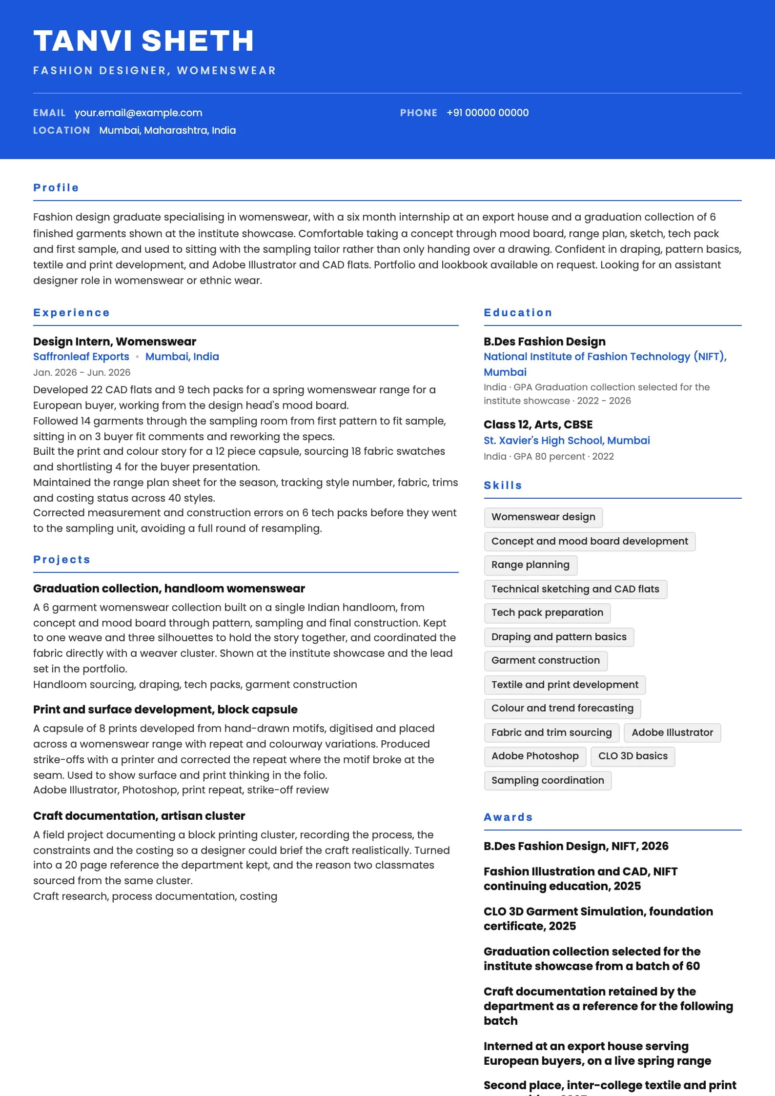 Fashion Designer resume example for Fresher, NIFT graduate (0 years), header-band template, showing professional summary, work experience, projects, skills, education and certifications