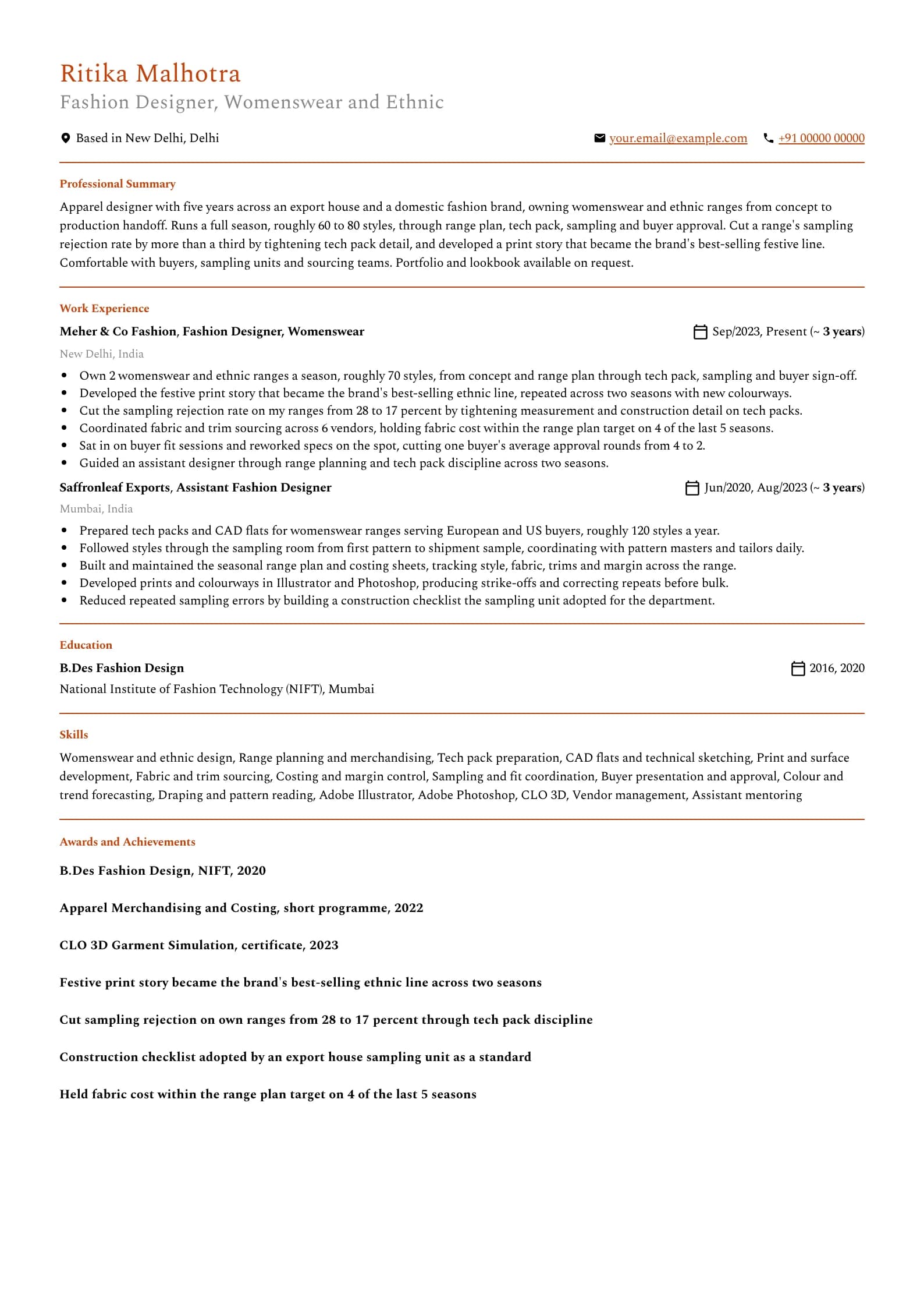 Fashion Designer resume example for Mid-level (5 years), minimalist template, showing professional summary, work experience, skills, education and certifications