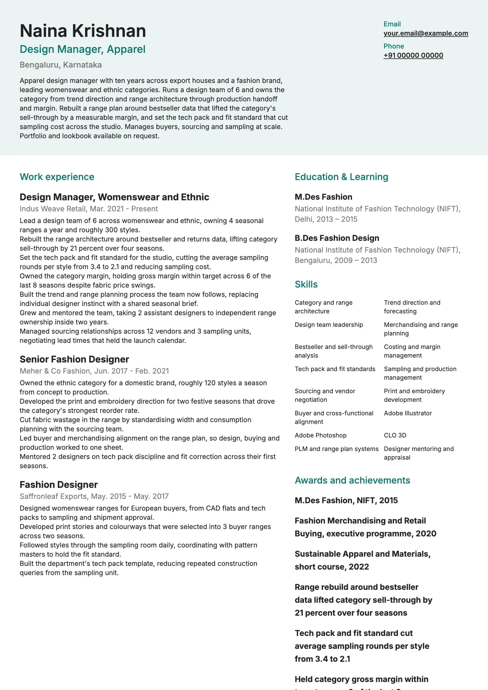 Fashion Designer resume example for Design Manager (10 years), modern template, showing professional summary, work experience, skills, education and certifications