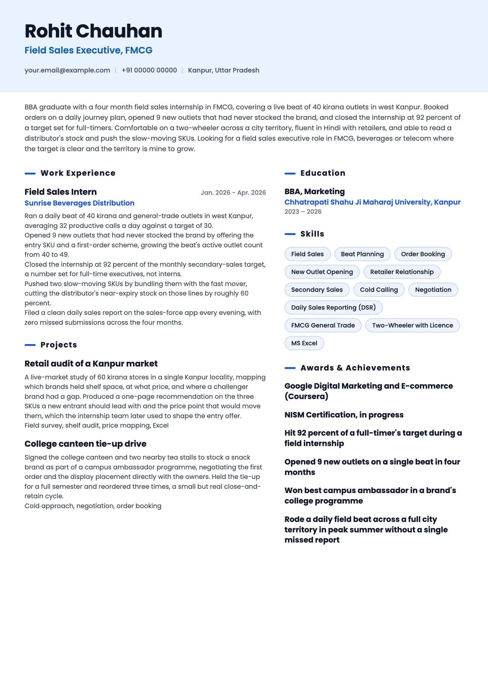 Field Sales Executive resume example for Fresher (0 to 1 year), ai-era template, showing professional summary, work experience, projects, skills, education and certifications