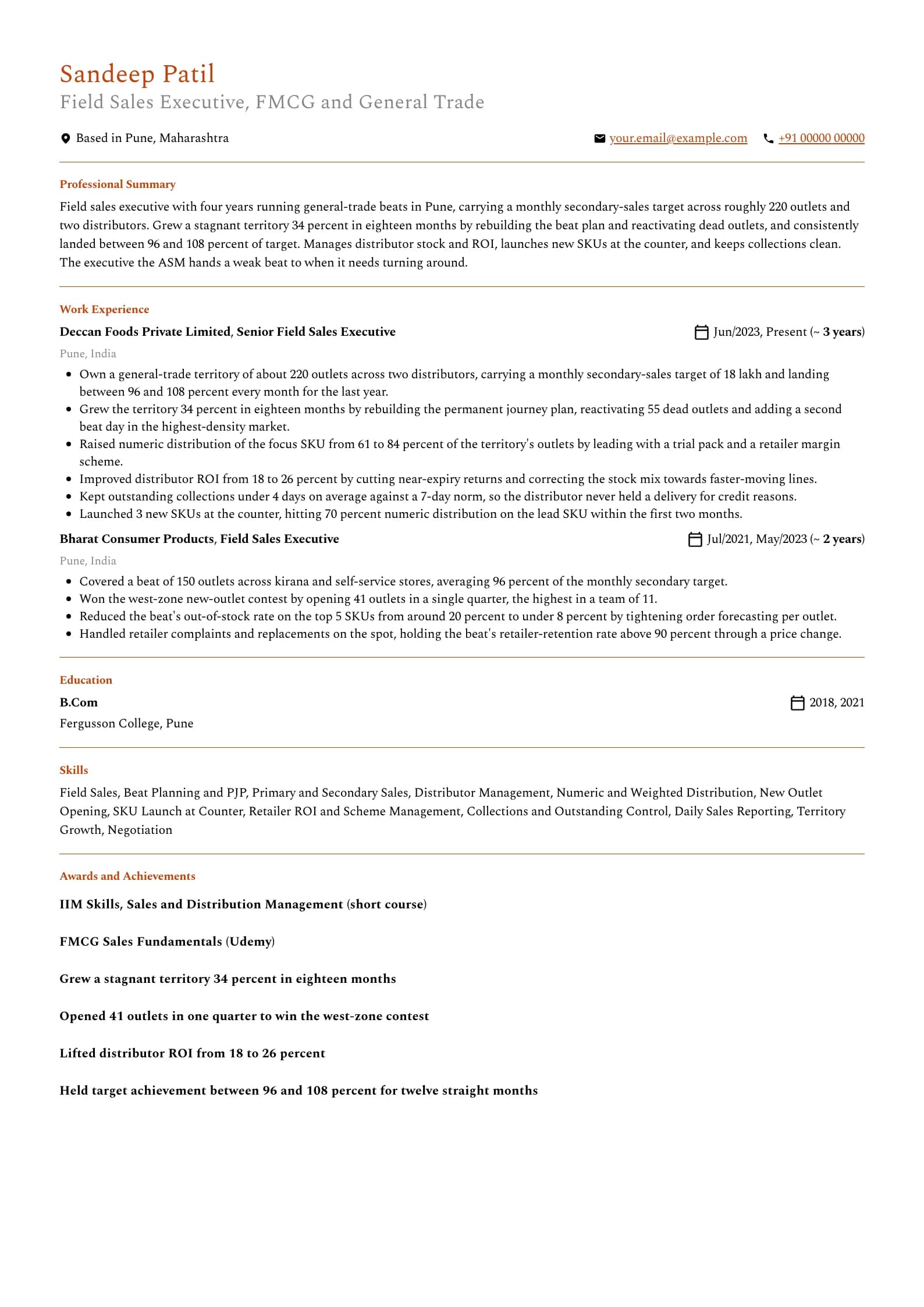 Field Sales Executive resume example for Mid-level (4 years), professional template, showing professional summary, work experience, skills, education and certifications