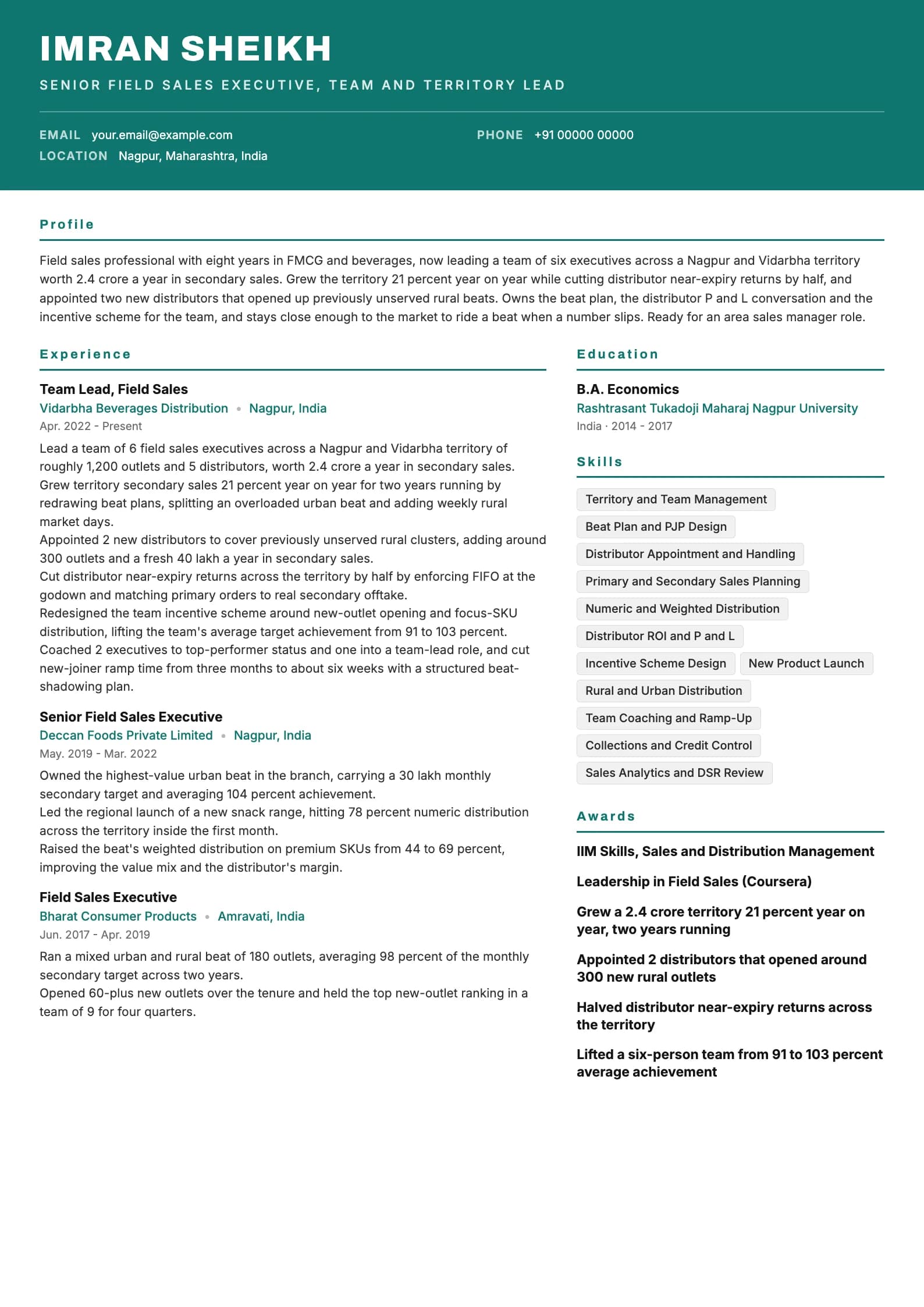 Field Sales Executive resume example for Senior (8 years), header-band template, showing professional summary, work experience, skills, education and certifications