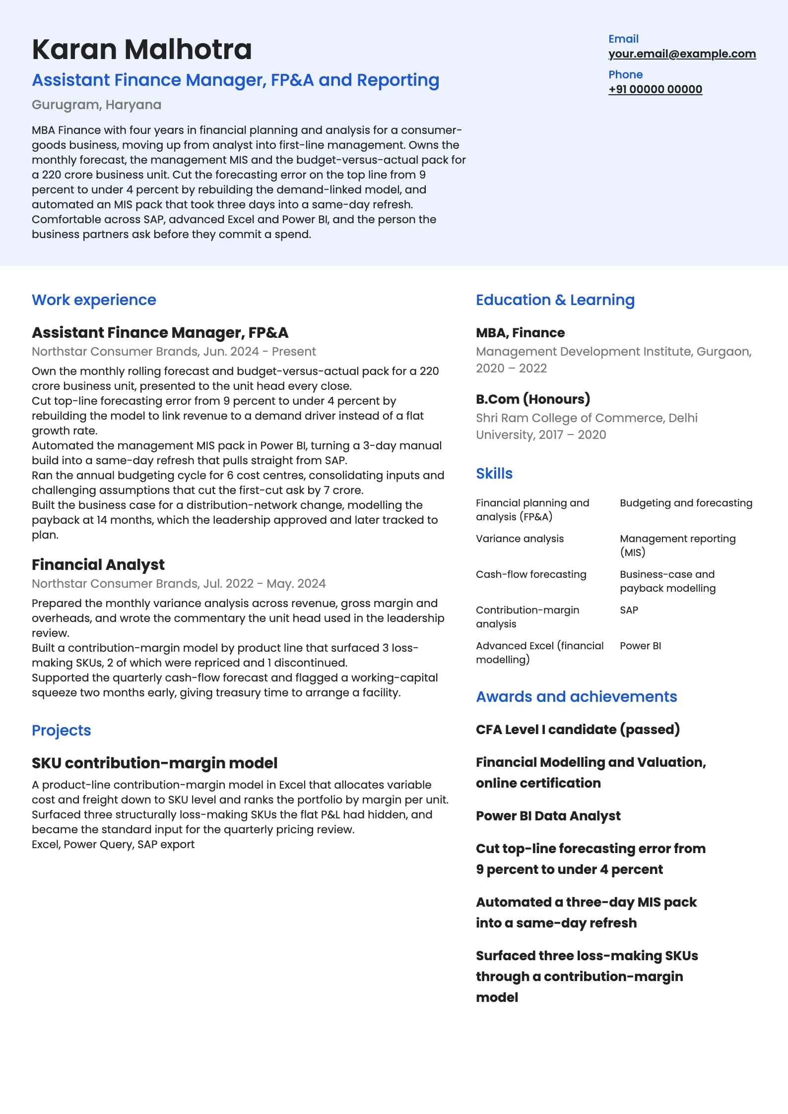 Finance Manager resume example for Assistant Finance Manager (4 years), modern template, showing professional summary, work experience, projects, skills, education and certifications