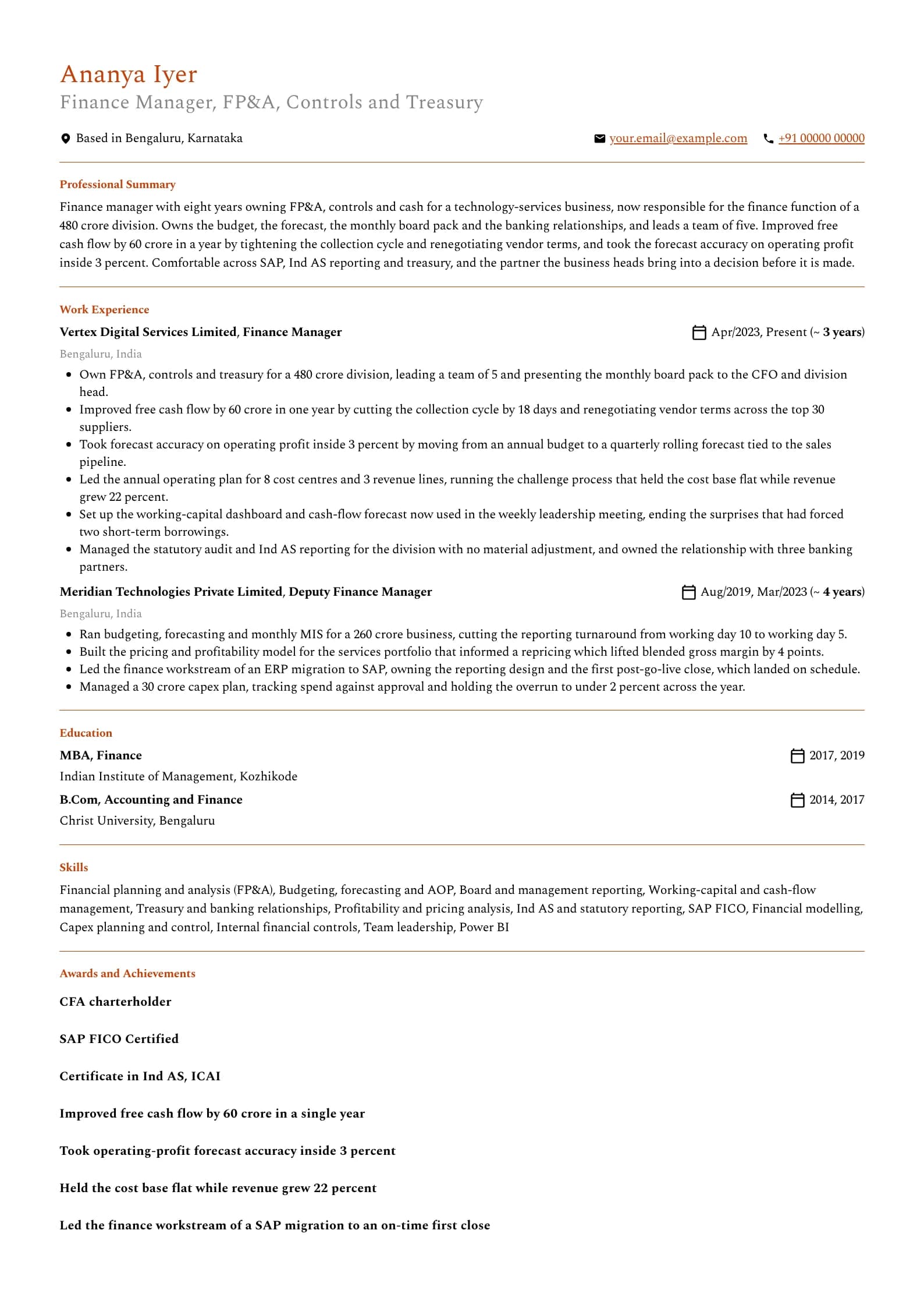Finance Manager resume example for Finance Manager (8 years), professional template, showing professional summary, work experience, skills, education and certifications