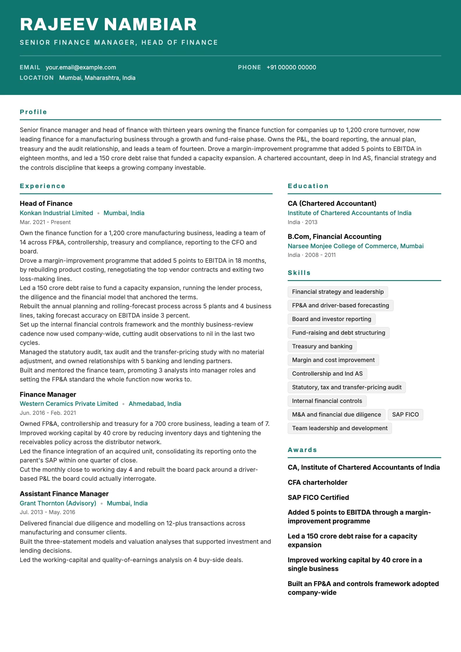 Finance Manager resume example for Senior Finance Manager (13 years), header-band template, showing professional summary, work experience, skills, education and certifications