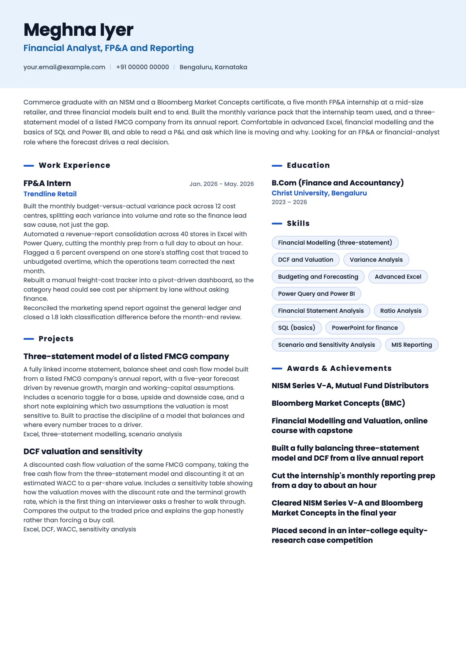 Financial Analyst resume example for Fresher (0 years), ai-era template, showing professional summary, work experience, projects, skills, education and certifications