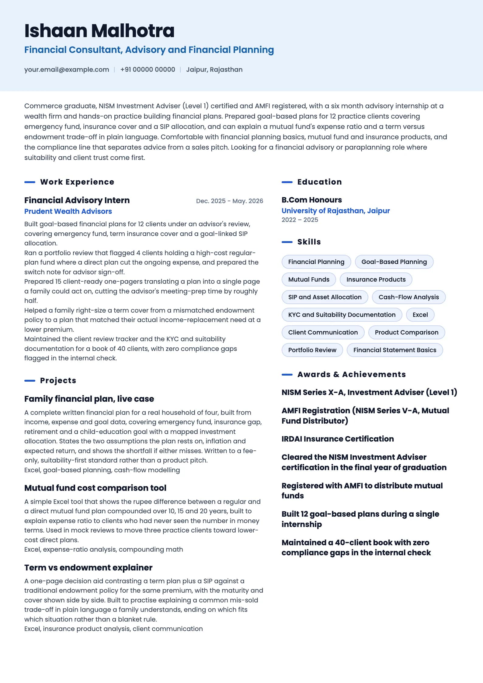 Financial Consultant resume example for Fresher (0 to 1 year), ai-era template, showing professional summary, work experience, projects, skills, education and certifications