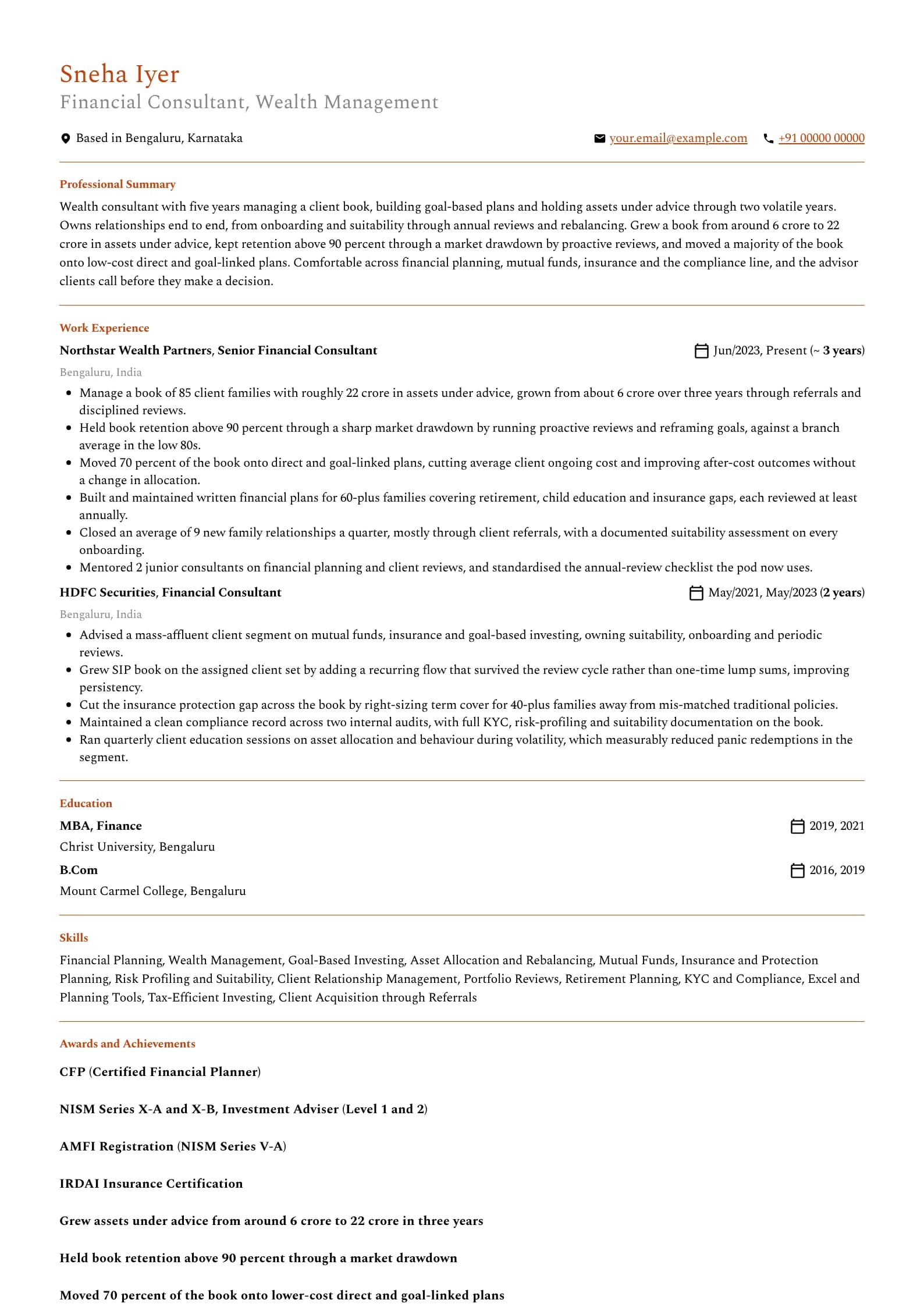 Financial Consultant resume example for Mid-level (5 years), professional template, showing professional summary, work experience, skills, education and certifications