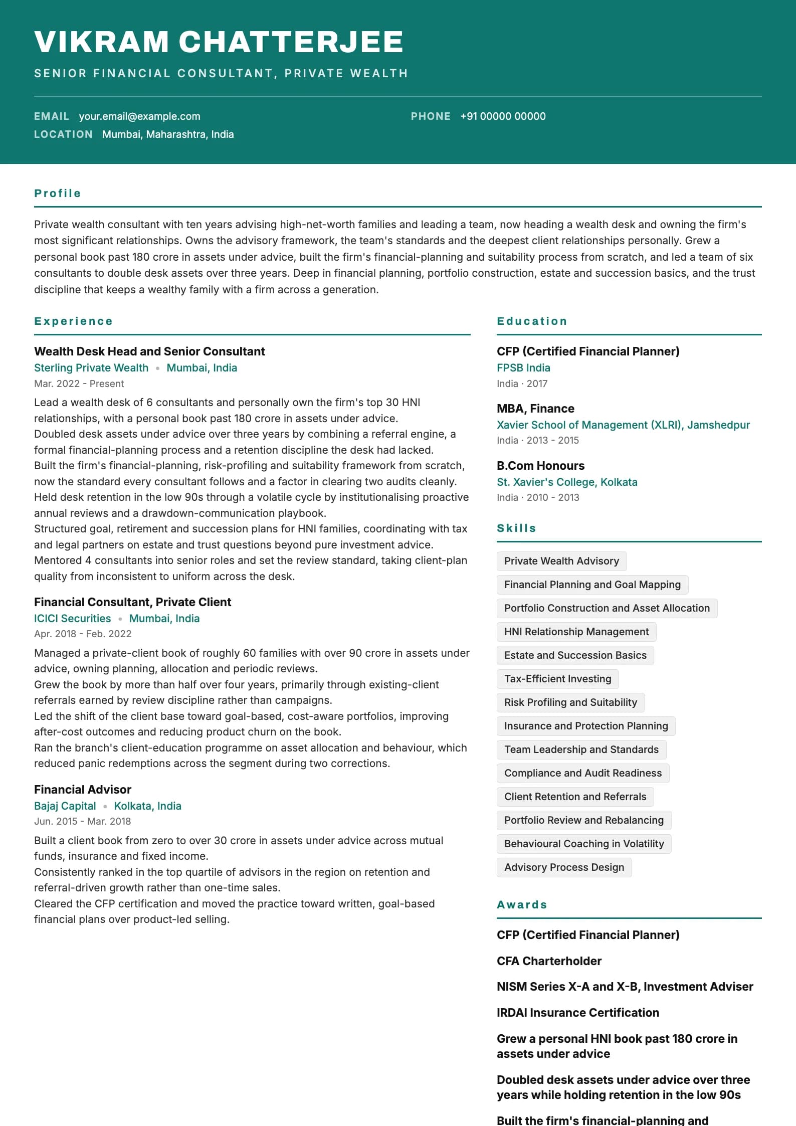 Financial Consultant resume example for Senior (10 years), header-band template, showing professional summary, work experience, skills, education and certifications