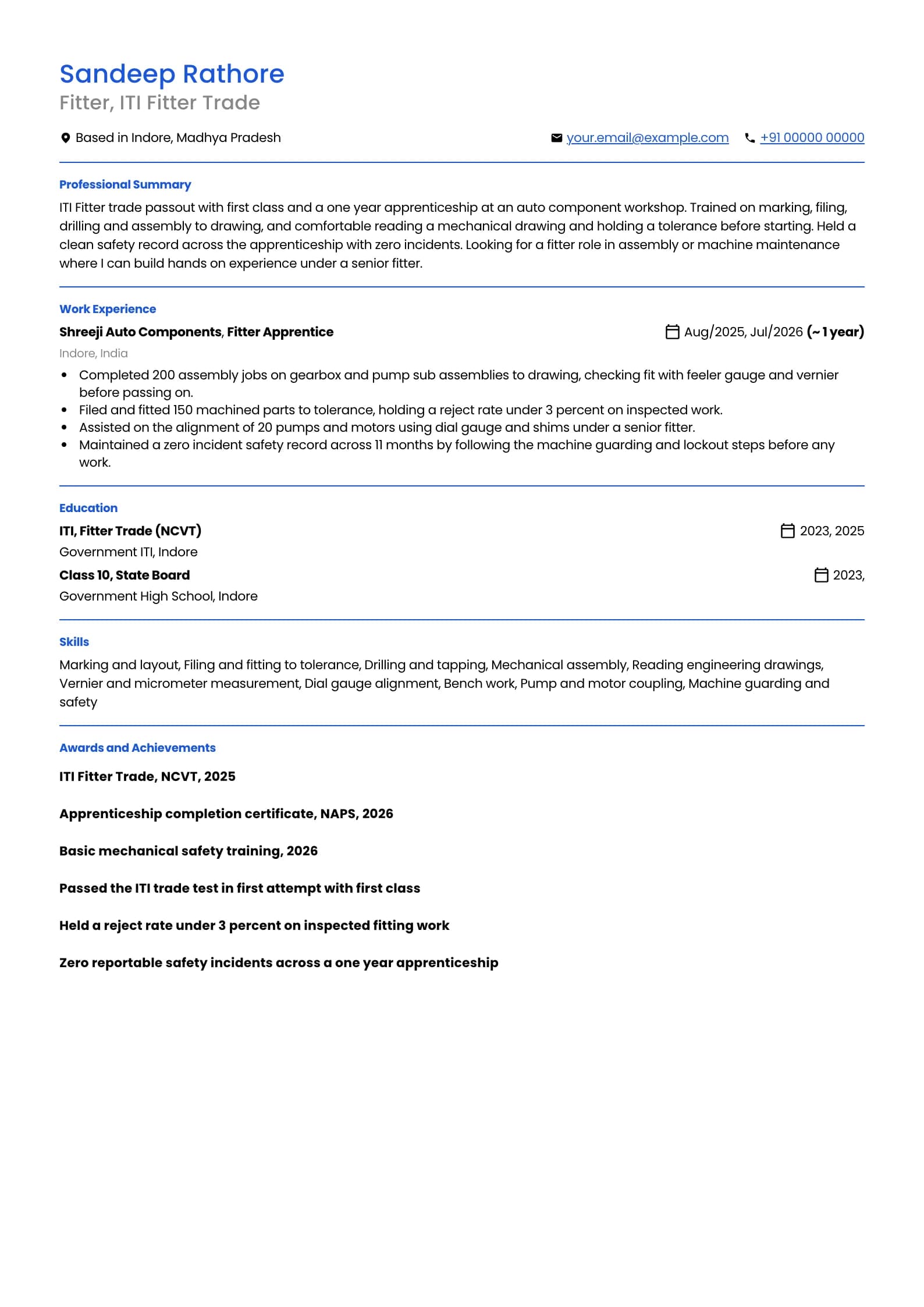 Fitter resume example for ITI Passout (0 to 1 year), minimalist template, showing professional summary, work experience, skills, education and certifications