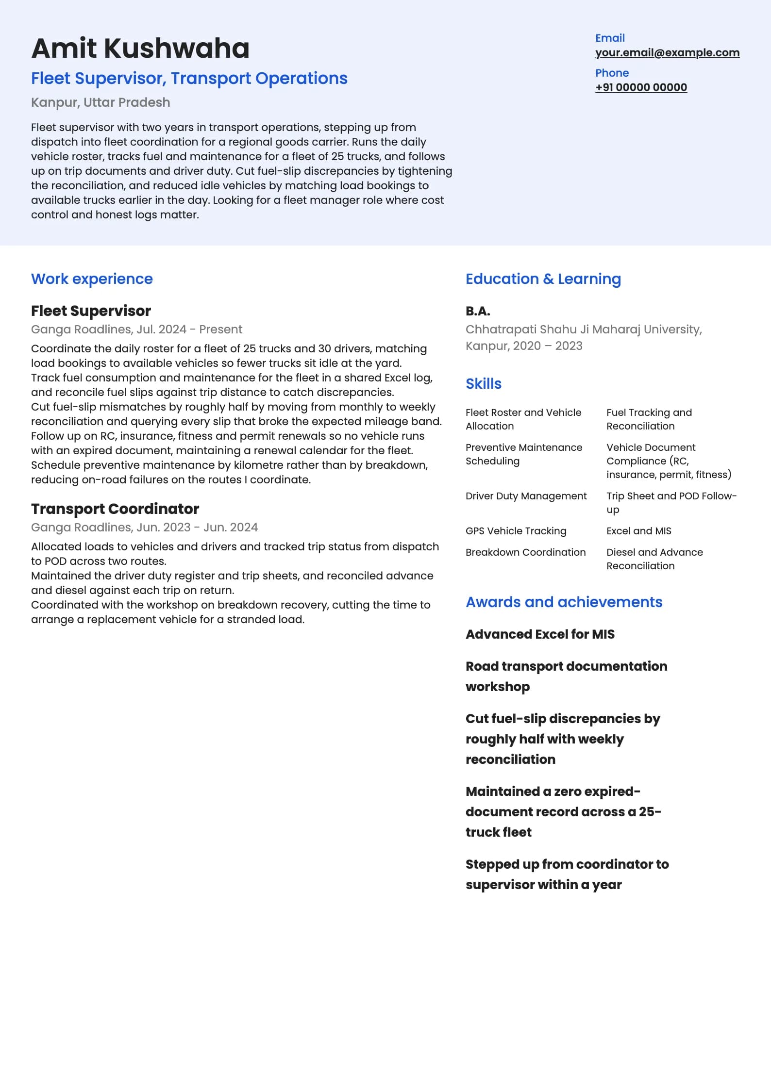 Fleet Manager resume example for Junior (2 years), modern template, showing professional summary, work experience, skills, education and certifications