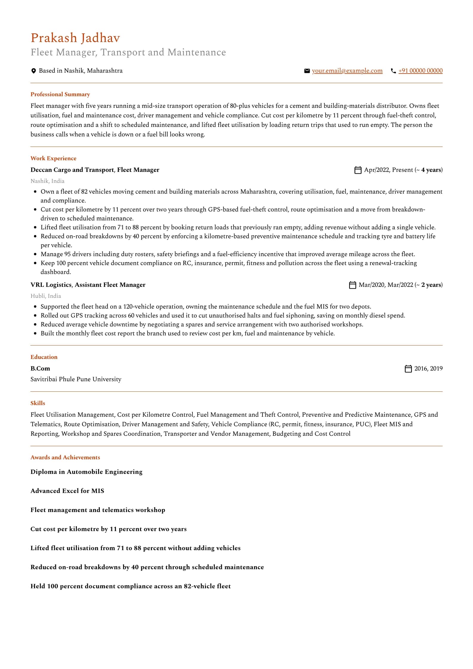 Fleet Manager resume example for Mid-level (5 years), professional template, showing professional summary, work experience, skills, education and certifications