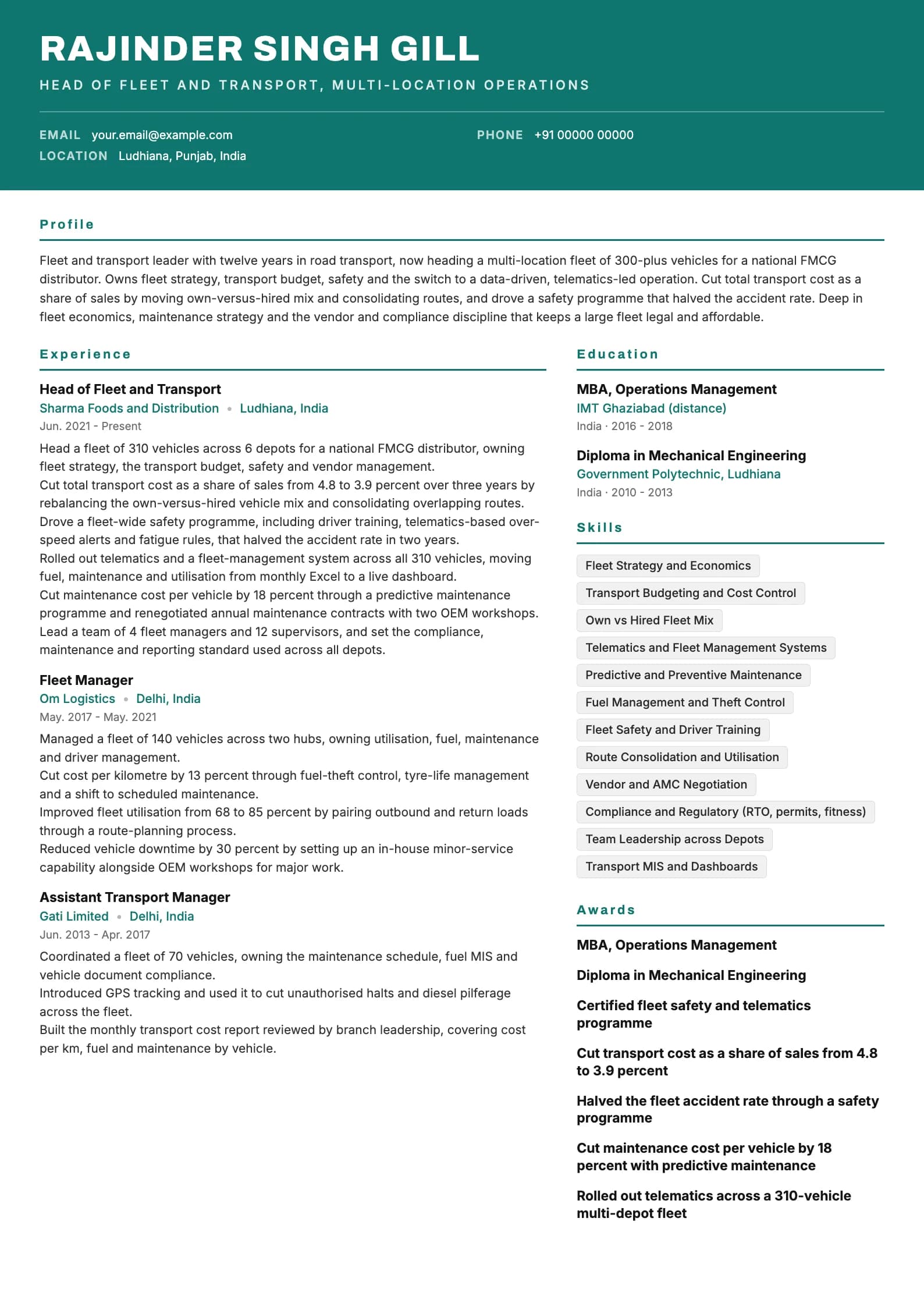 Fleet Manager resume example for Senior (12 years), header-band template, showing professional summary, work experience, skills, education and certifications