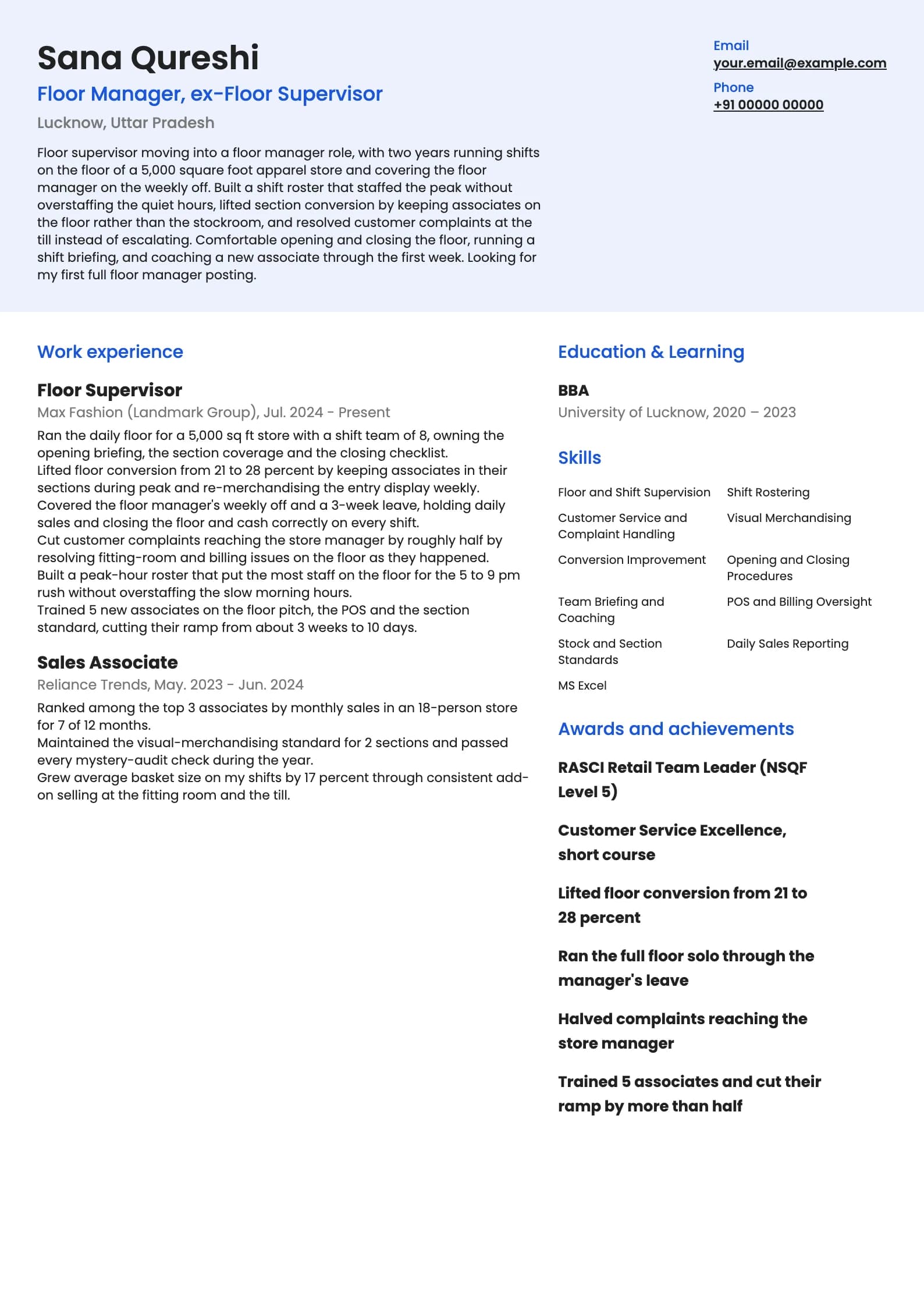 Floor Manager resume example for Floor Supervisor stepping up (2 years), modern template, showing professional summary, work experience, skills, education and certifications