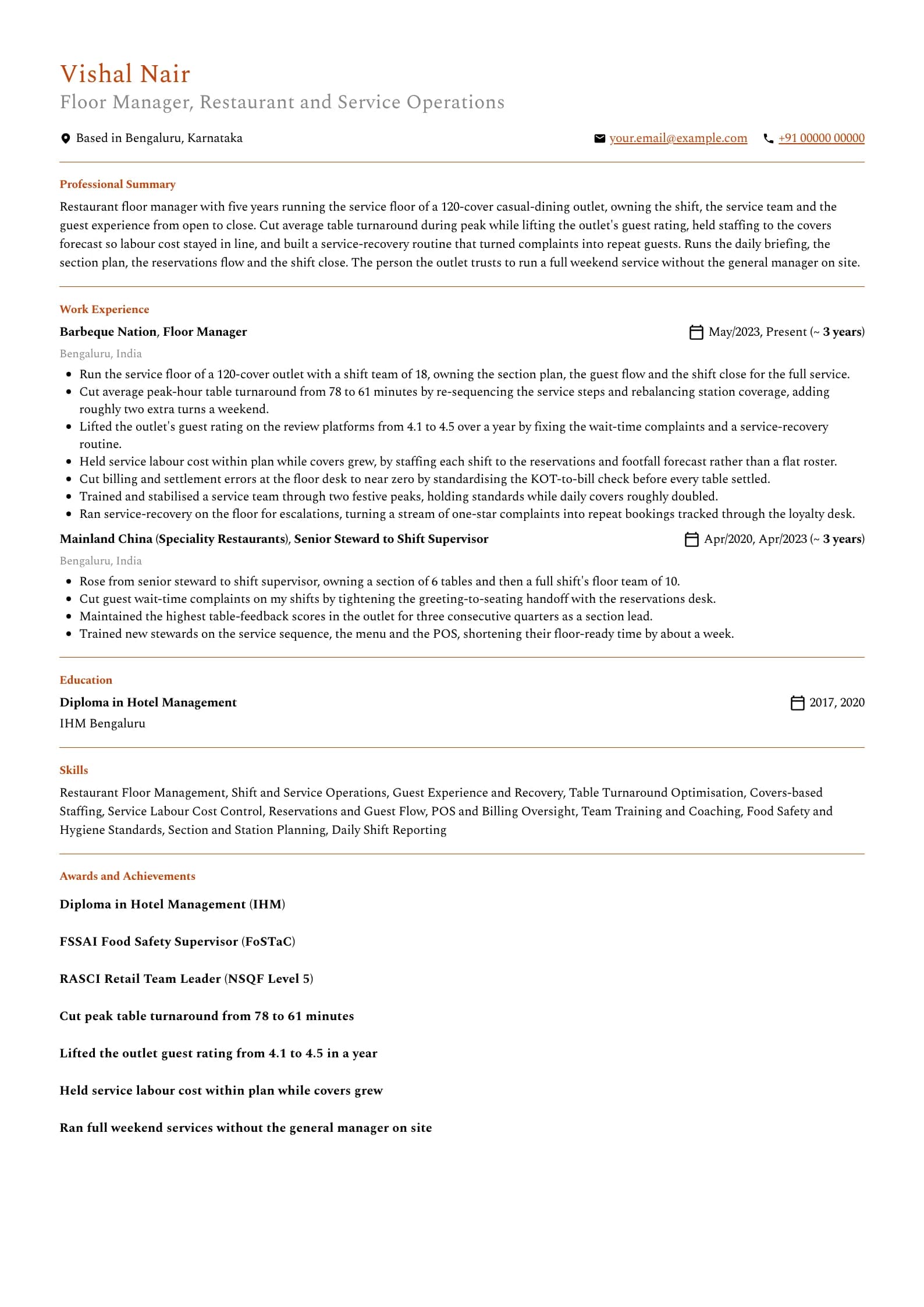 Floor Manager resume example for Restaurant Floor Manager (5 years), minimalist template, showing professional summary, work experience, skills, education and certifications