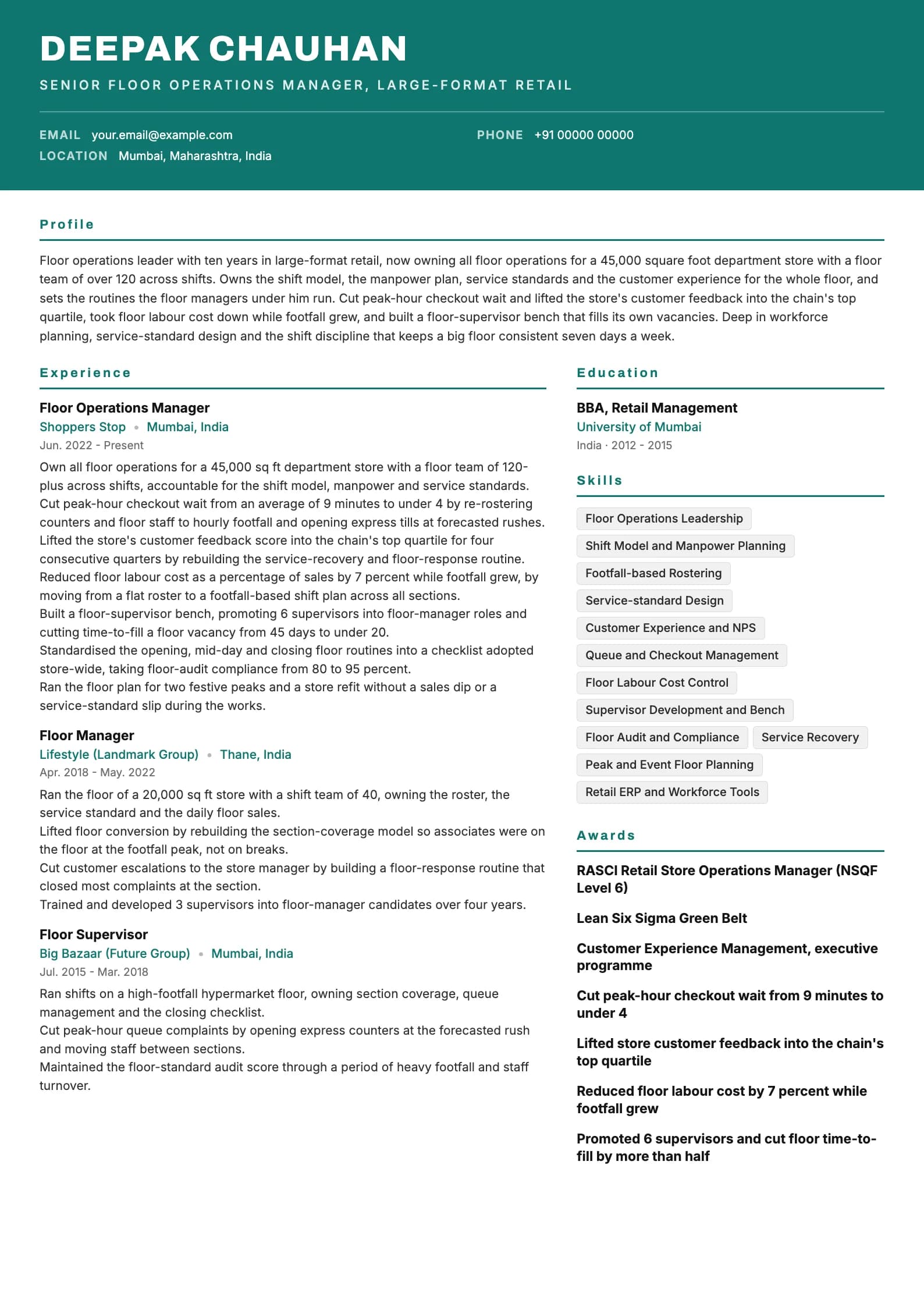 Floor Manager resume example for Senior Floor Operations Manager (10 years), header-band template, showing professional summary, work experience, skills, education and certifications