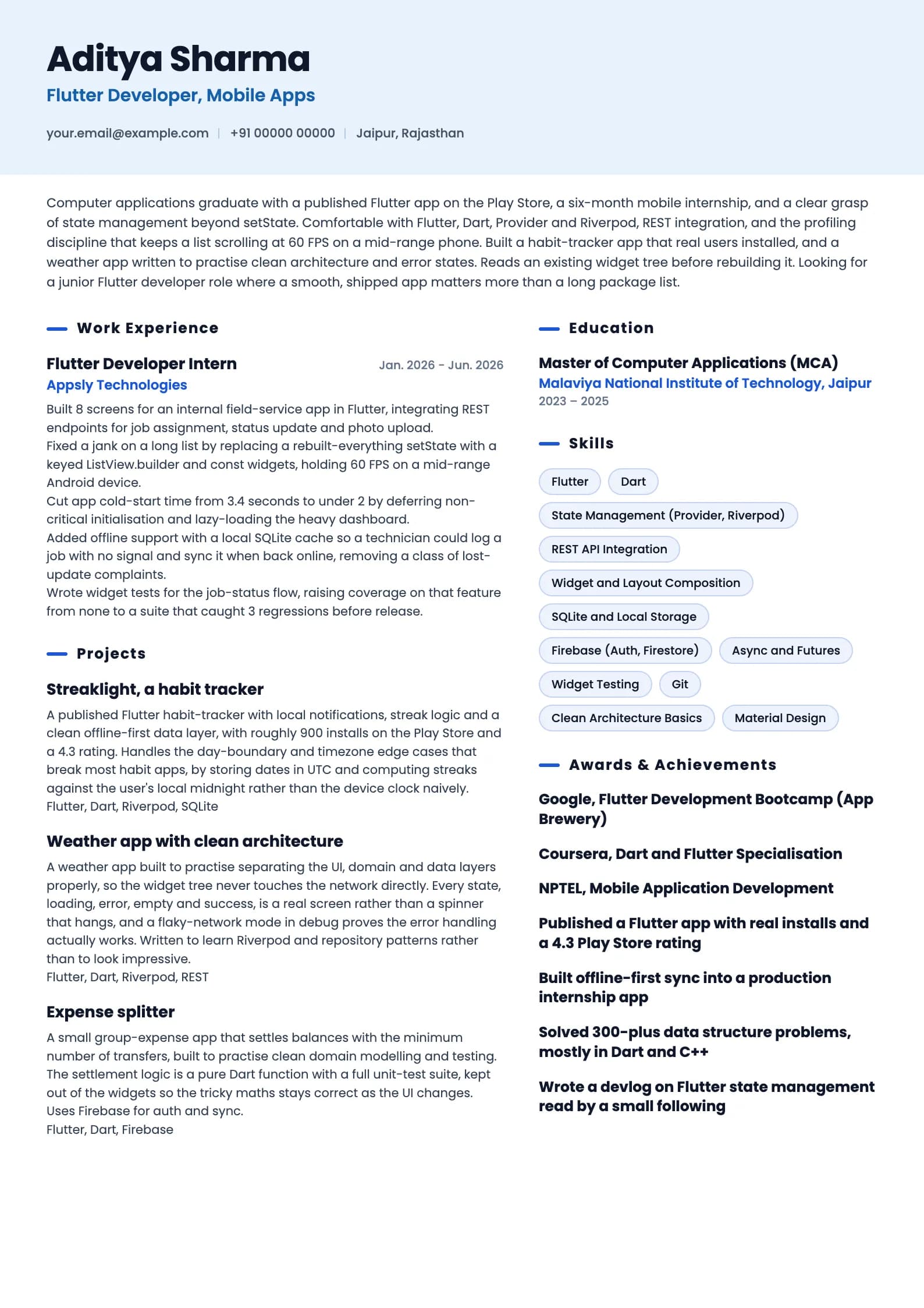 Flutter Developer resume example for Fresher (0 years), ai-era template, showing professional summary, work experience, projects, skills, education and certifications