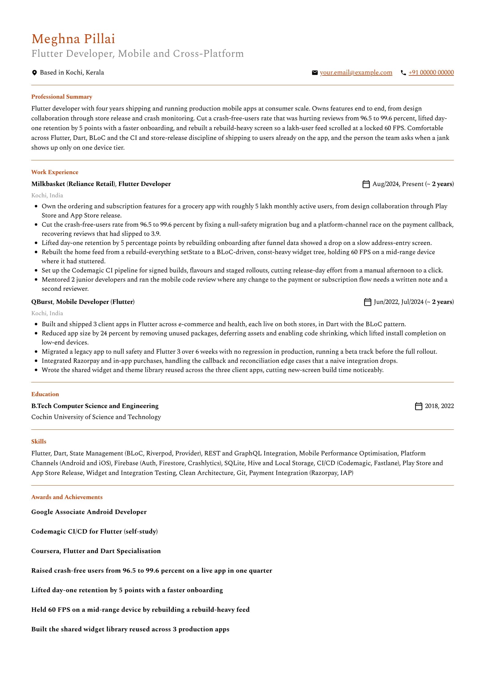 Flutter Developer resume example for Mid-level (4 years), professional template, showing professional summary, work experience, skills, education and certifications