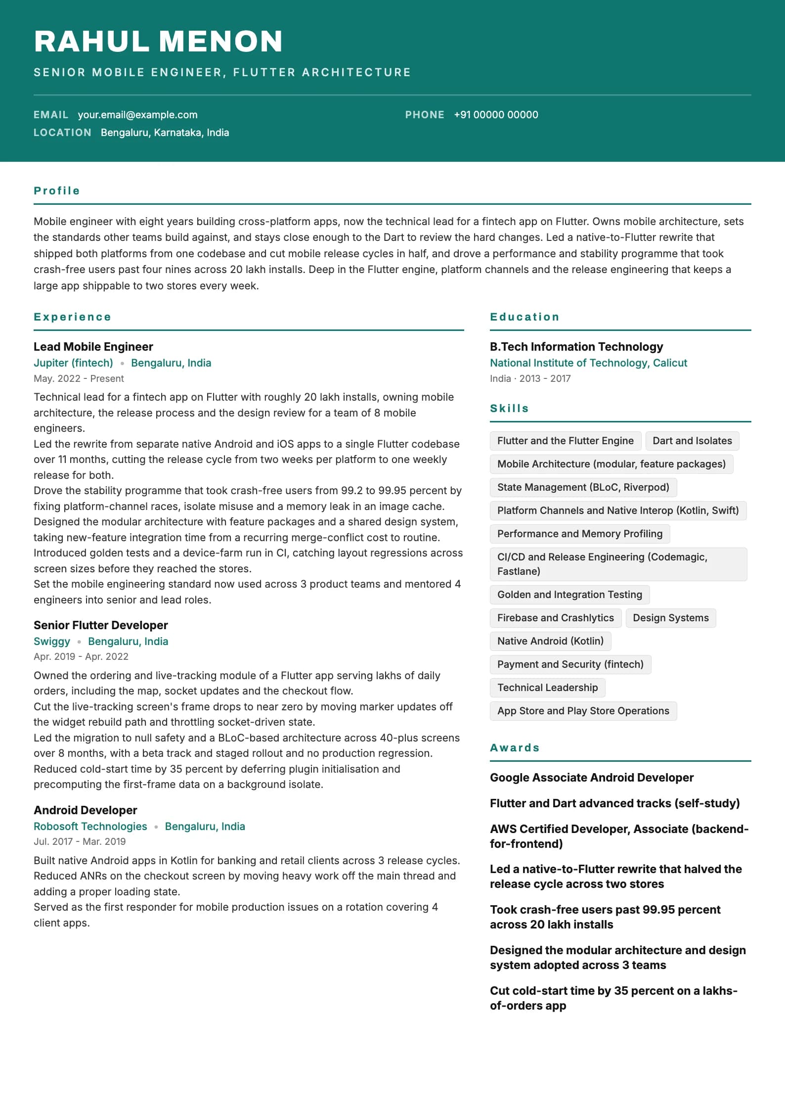 Flutter Developer resume example for Senior (8 years), header-band template, showing professional summary, work experience, skills, education and certifications